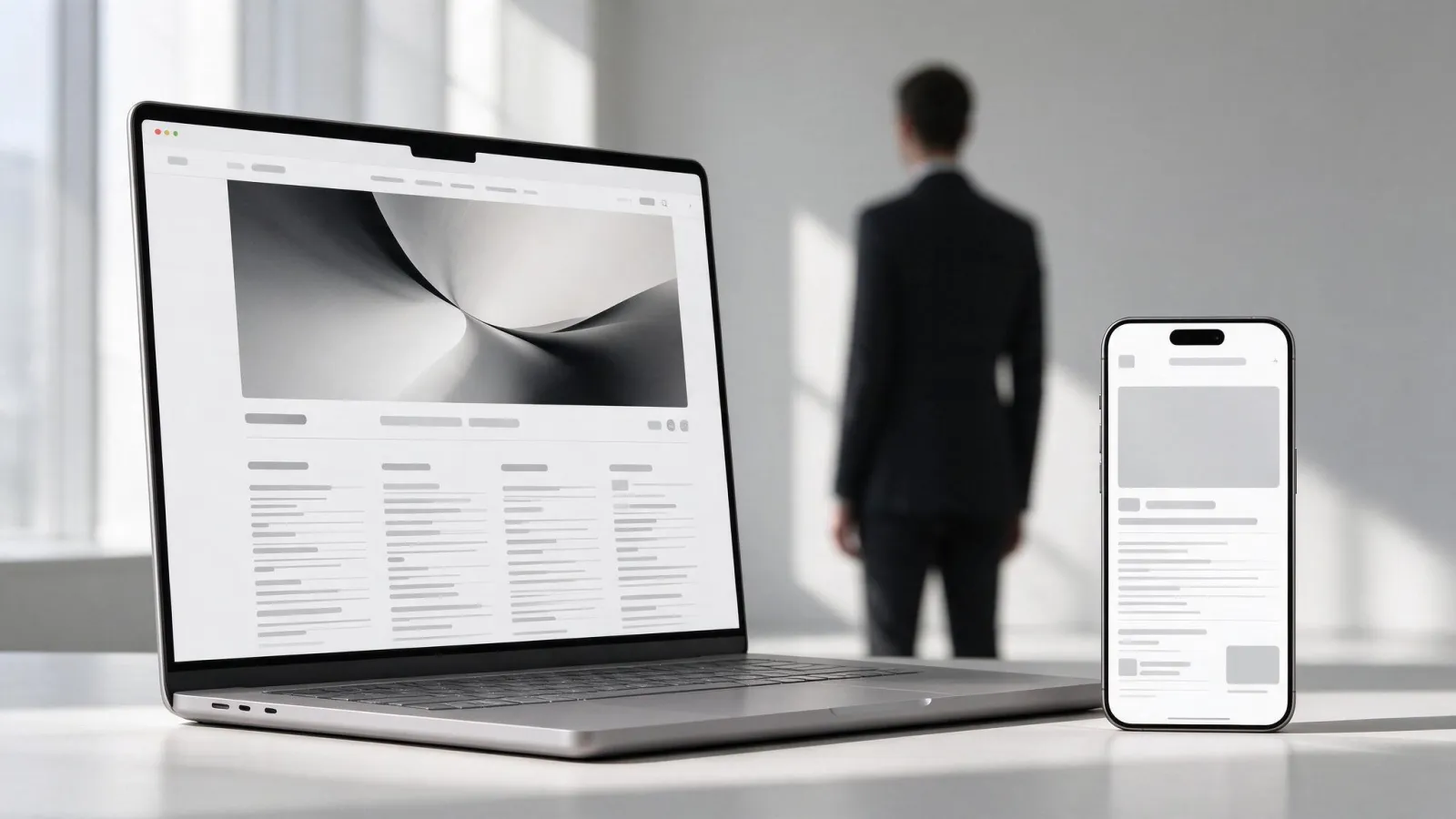 Ảnh minh hoạ Phần đầu trang (above the fold): một trang web trên điện thoại và máy tính với đường fold kẻ ngang, phần trên được tô sáng