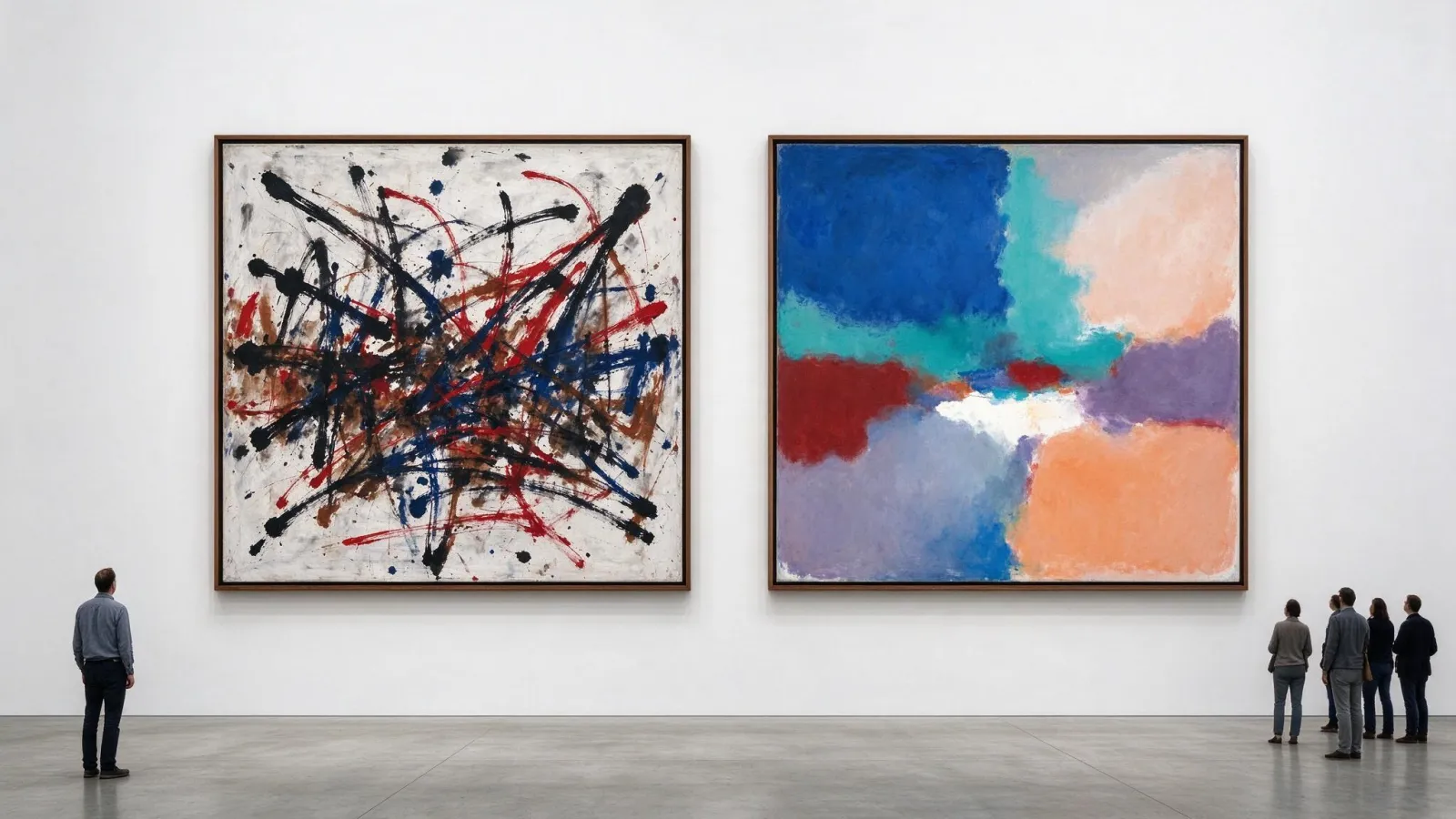Ảnh minh hoạ Biểu hiện Trừu tượng (Abstract Expressionism): hai bức trừu tượng tự vẽ minh hoạ hai hướng action painting và color field