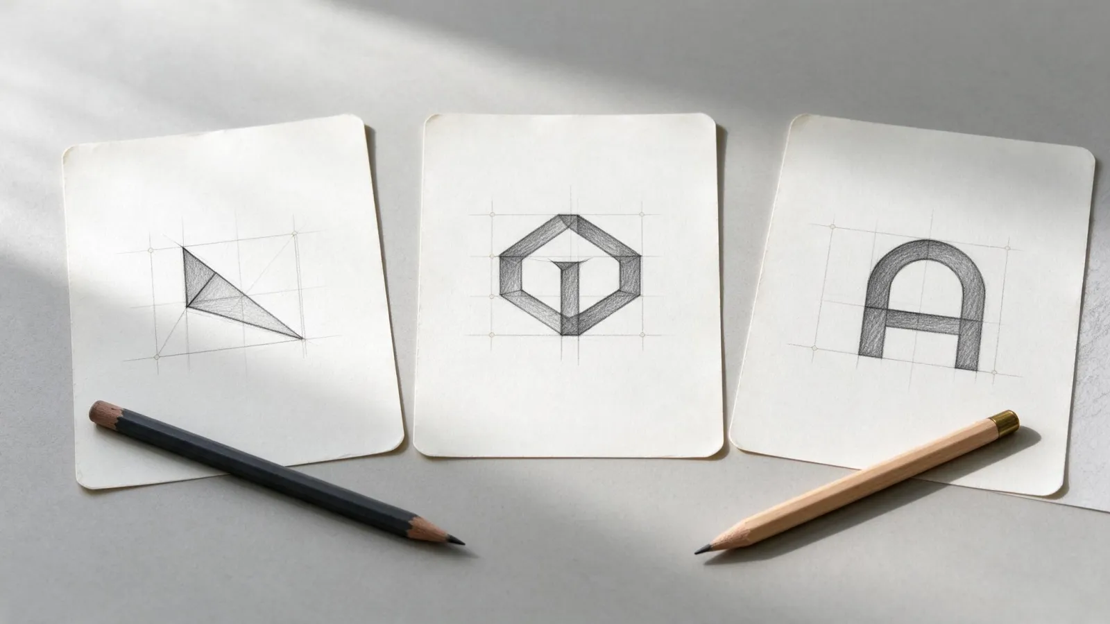 Ảnh minh hoạ Logo trừu tượng (abstract mark): ba logo trừu tượng tự vẽ dựng trên lưới hình học, có hiện lưới và bản hoàn chỉnh