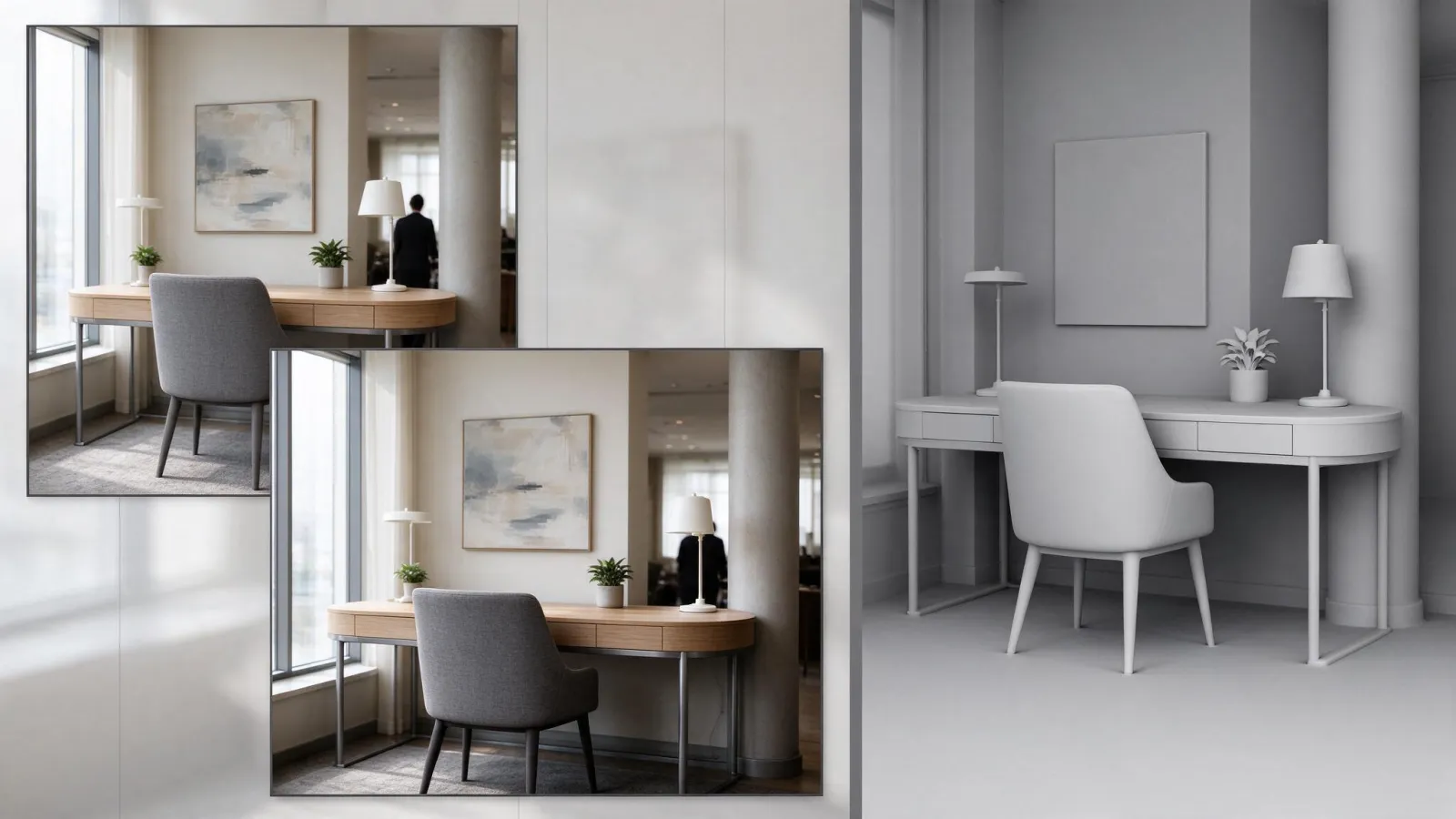 Ảnh minh hoạ Ambient occlusion (AO): một cảnh có và không có AO, và một AO map thang xám