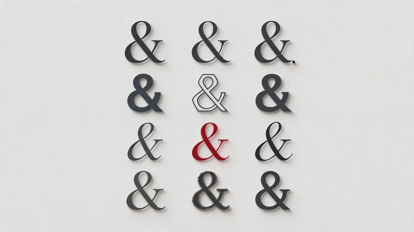 Ảnh minh hoạ Dấu và (ampersand &): lưới 12 dấu & của các font khác nhau (có chân, không chân, italic, script) để thấy sự đa dạng, một dấu được tô màu chỉ ra phần chữ E và t