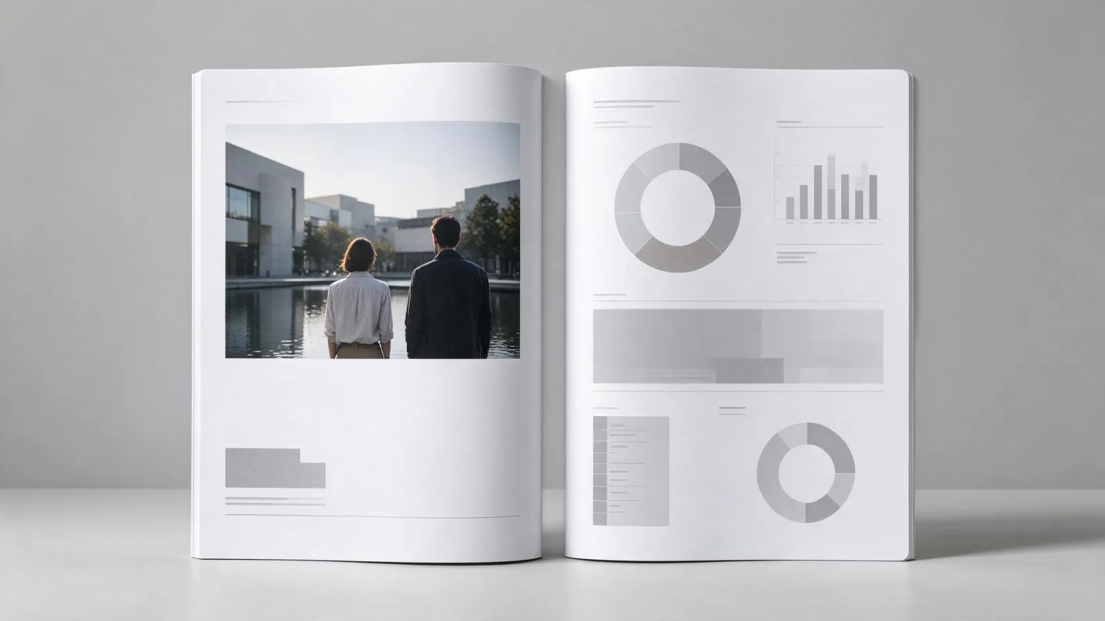 Ảnh minh hoạ Báo cáo thường niên (annual report): hai trang đôi của một báo cáo thường niên: một trang mở chương với ảnh lớn, một trang số liệu với biểu đồ