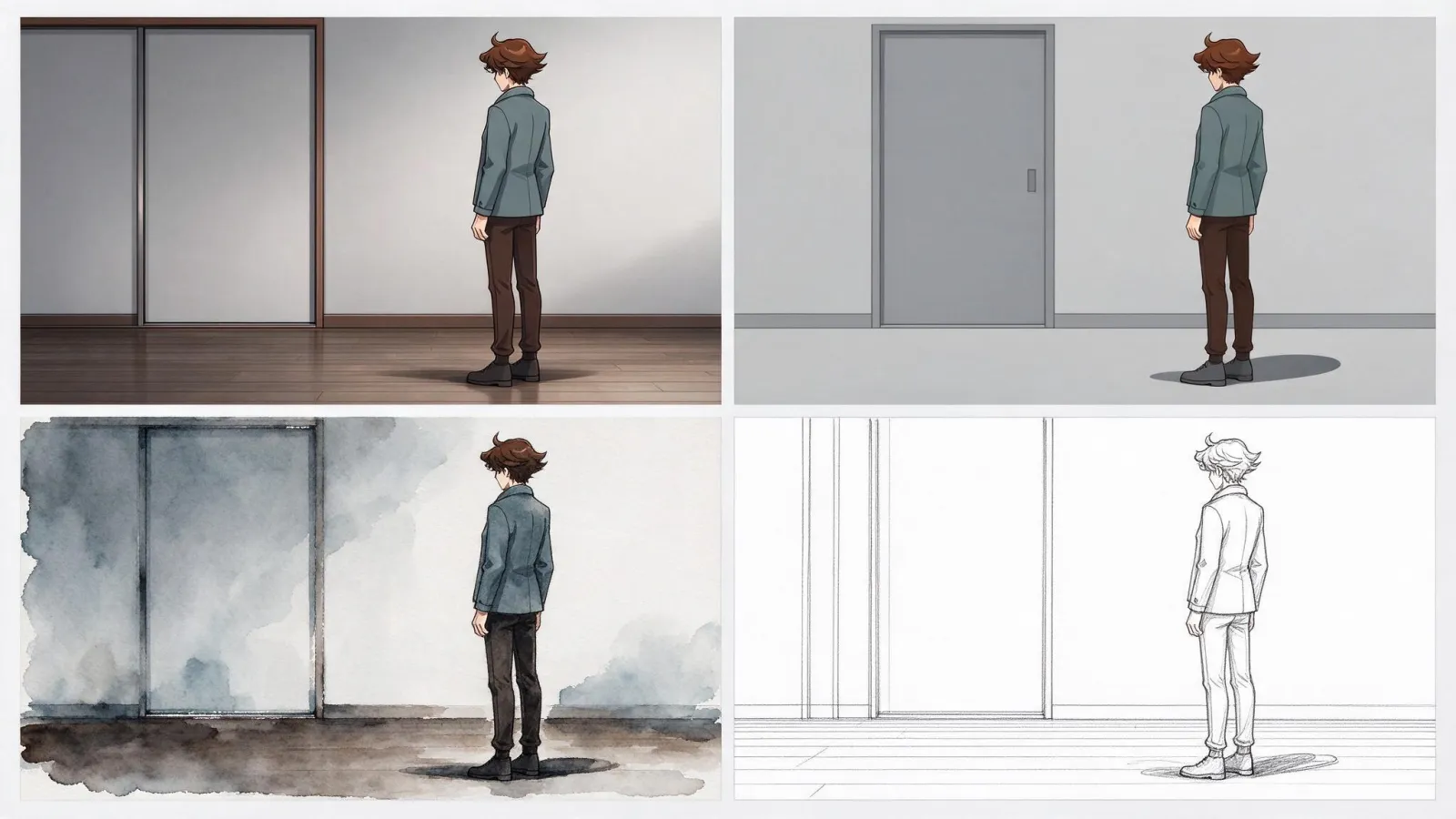 Ảnh minh hoạ Phong cách vẽ (art style): cùng một nhân vật được vẽ theo bốn phong cách khác nhau (tự vẽ): anime, flat, màu nước, line art