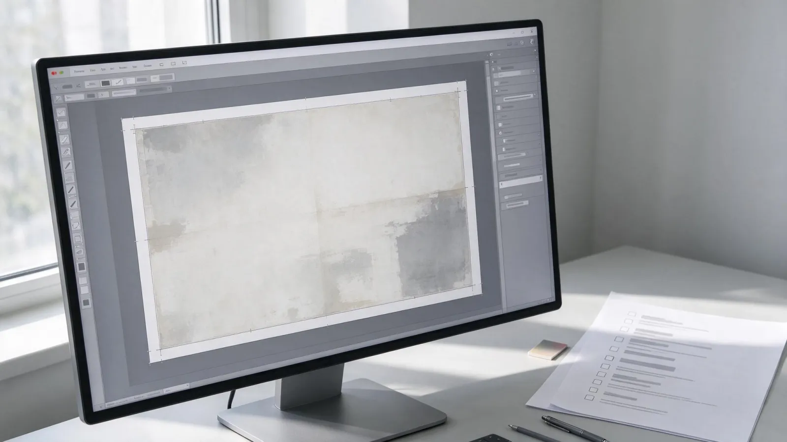 Ảnh minh hoạ Artwork: một file artwork mở trong phần mềm với lề tràn, dấu xén và lớp dieline hiện ra, kèm checklist ngắn trước khi gửi in