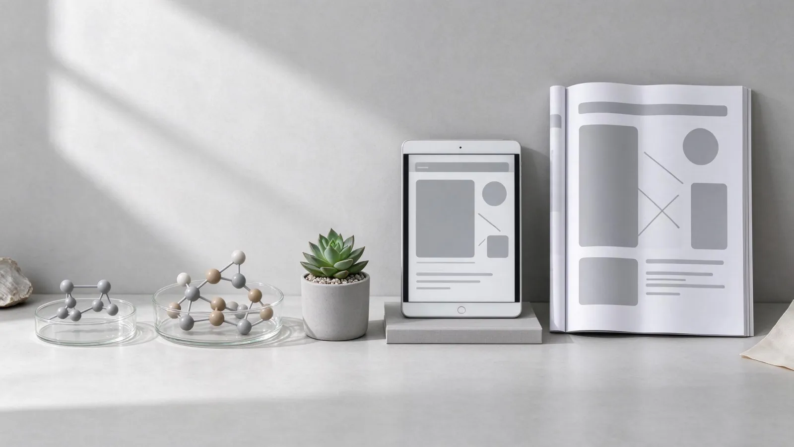 Ảnh minh hoạ Atomic design: năm khối từ nhỏ đến lớn: nguyên tử, phân tử, sinh vật, template, trang, với ví dụ giao diện cho mỗi cấp