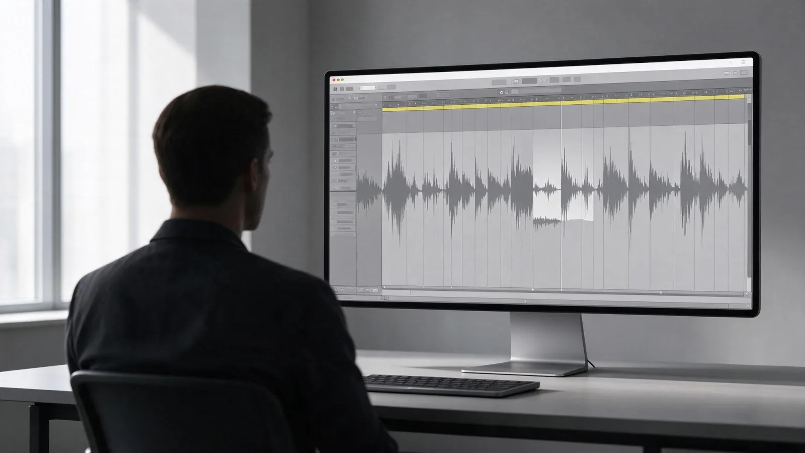 Ảnh minh hoạ Audio ducking (tự giảm nhạc nền): đường âm lượng nhạc nền hạ xuống ở các đoạn có dải giọng nói trên timeline