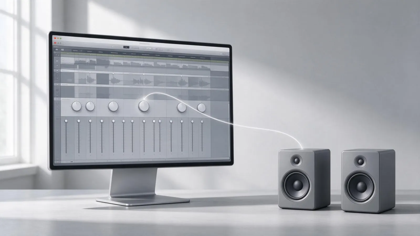Ảnh minh hoạ Pan âm thanh (panning, panner): ảnh chụp màn hình Audio Track Mixer với núm pan của từng track, kèm sơ đồ nguồn âm di chuyển từ loa trái sang loa phải
