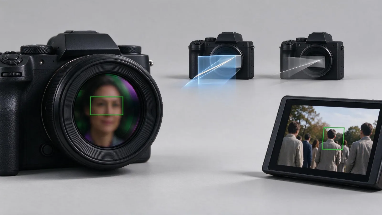 Ảnh minh hoạ Lấy nét tự động (autofocus, AF): màn hình máy ảnh với khung lấy nét xanh trên mắt chủ thể, kèm sơ đồ đơn giản về lấy nét theo pha và theo tương phản
