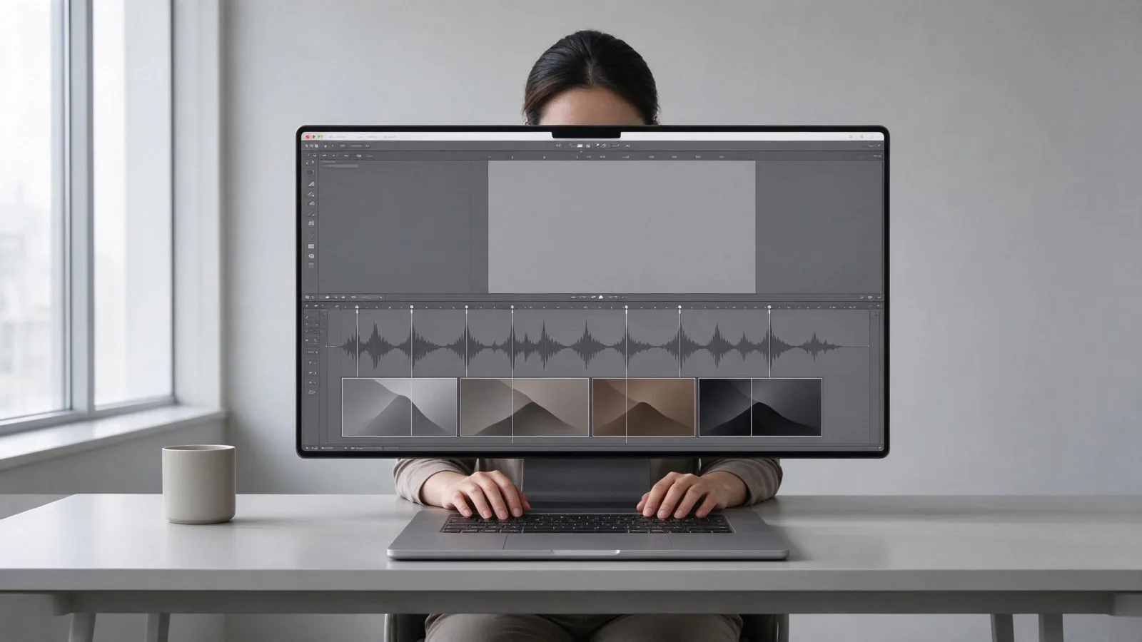 Ảnh minh hoạ Cắt theo nhịp nhạc (beat sync): timeline có dạng sóng nhạc với các marker ở mỗi phách và các điểm cắt clip thẳng hàng với marker