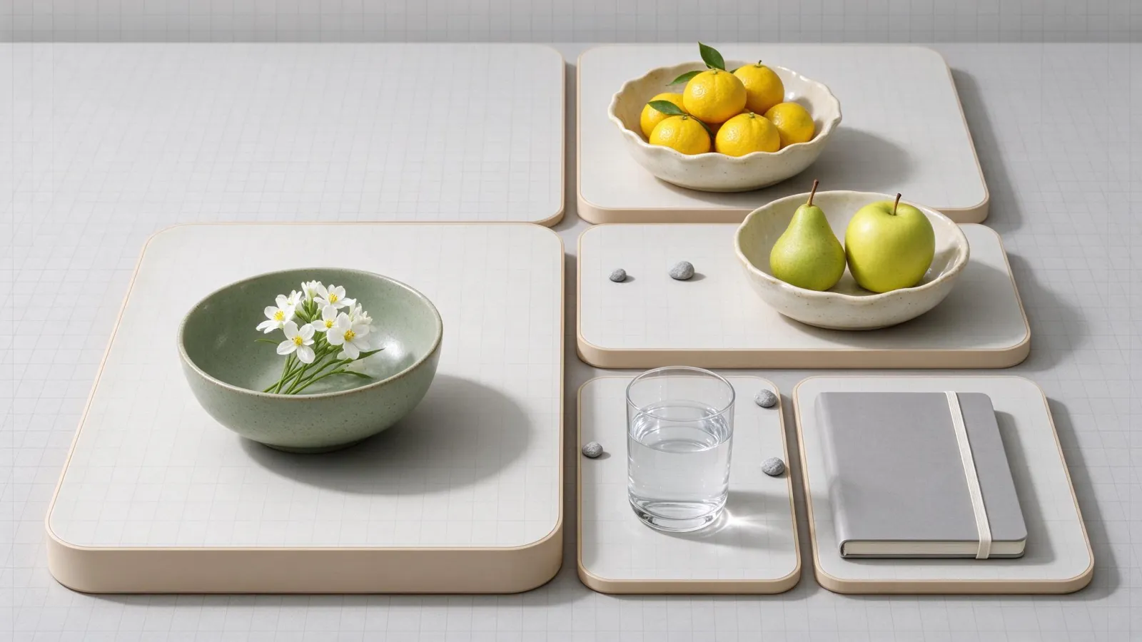 Ảnh minh hoạ Bố cục bento (bento grid): một trang giới thiệu sản phẩm dạng bento với 7 ô kích thước khác nhau (ô lớn chứa ảnh sản phẩm, ô nhỏ chứa con số và icon), có lưới nền nét mảnh