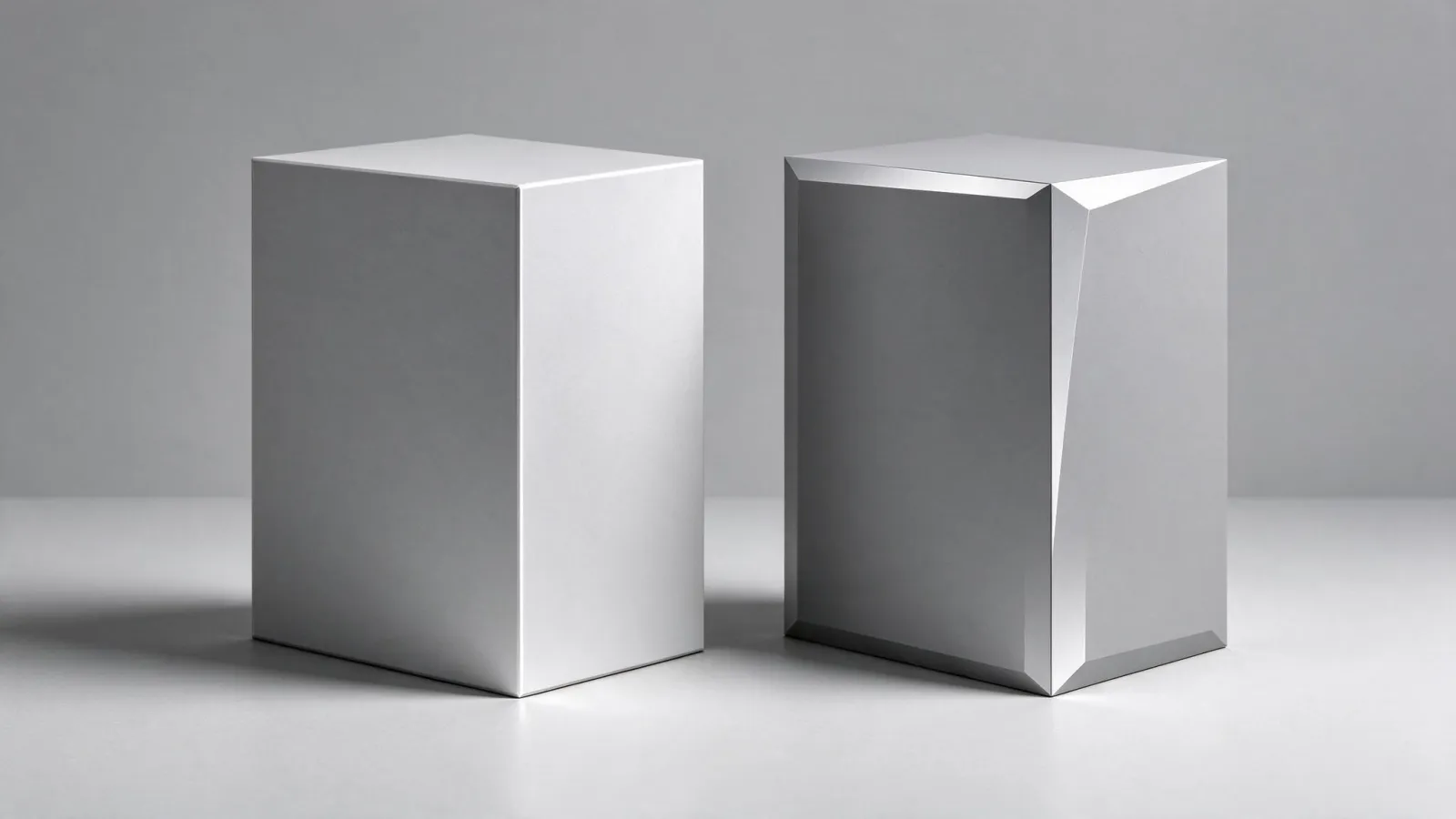Ảnh minh hoạ Bevel (vát cạnh): một khối hộp render không bevel và có bevel nhỏ, cạnh bắt sáng rõ