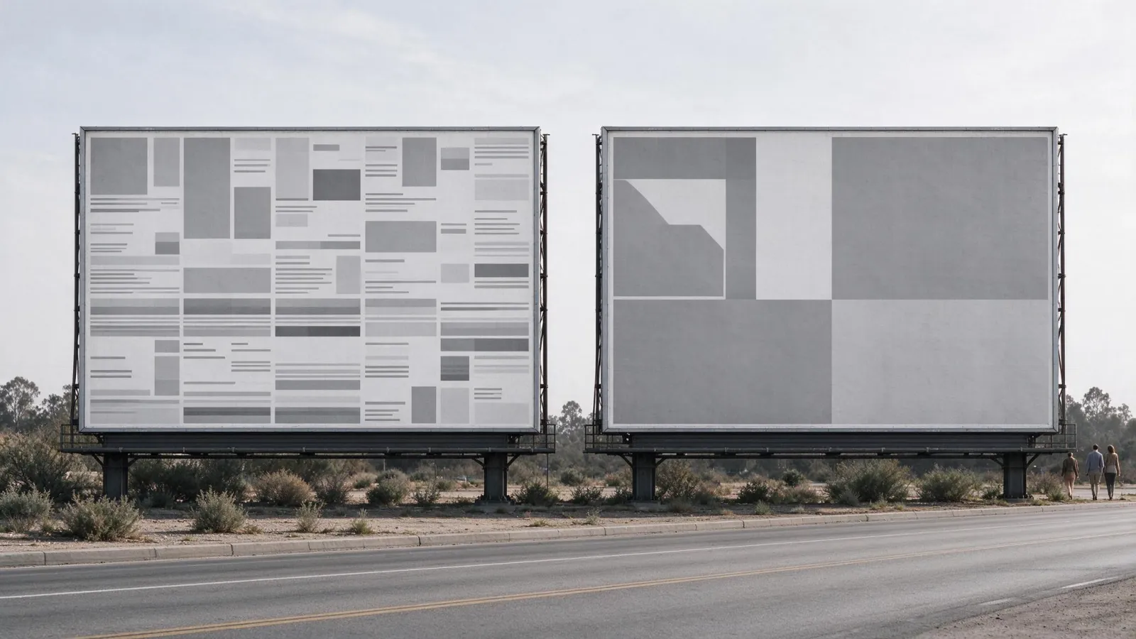 Ảnh minh hoạ Billboard: hai billboard đặt cạnh nhau: một bản nhồi nhiều chữ và một bản tối giản, mô phỏng cách người lái xe nhìn từ xa