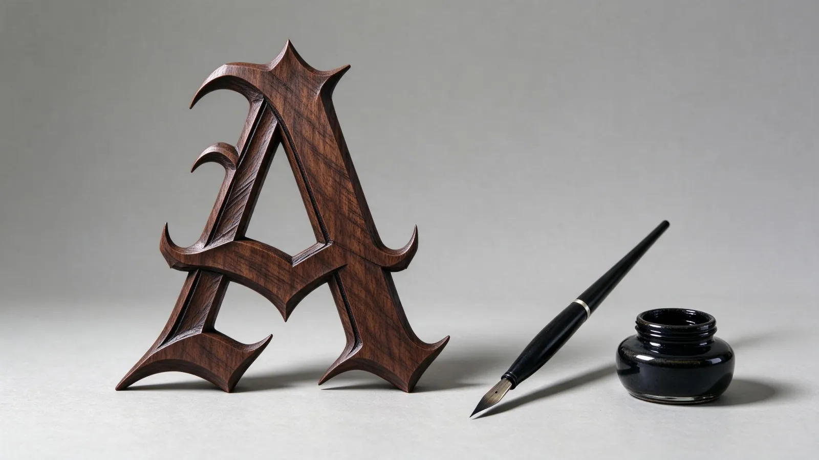Ảnh minh hoạ Chữ Gothic (blackletter): chữ A kiểu blackletter và bút ngòi dẹt