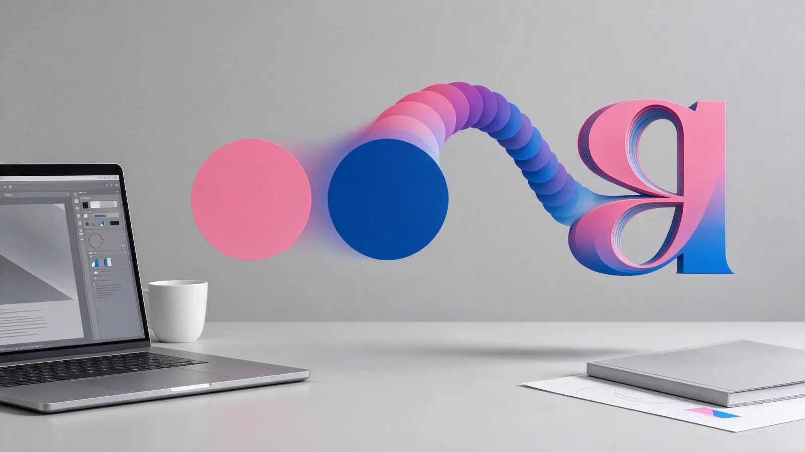 Ảnh minh hoạ Blend Tool (Illustrator): hai vòng tròn khác màu blend thành chuỗi, và một chữ blend theo đường cong tạo hiệu ứng khối