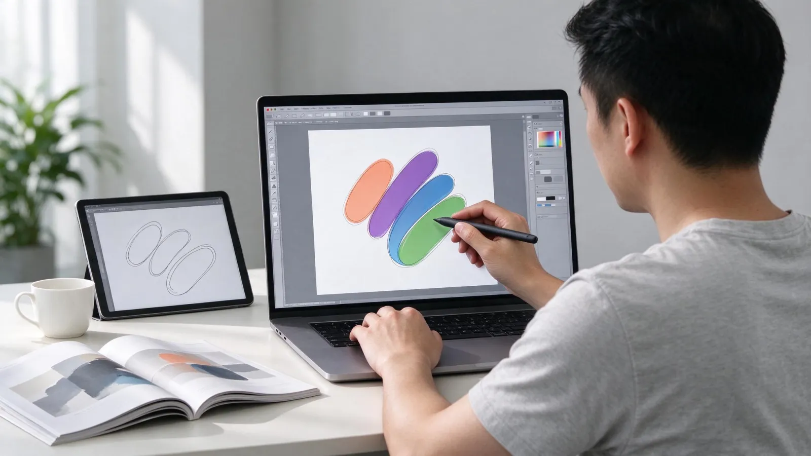 Ảnh minh hoạ Blob Brush (Illustrator): vài nét Blob Brush gộp thành một hình, chế độ outline cho thấy là hình tô