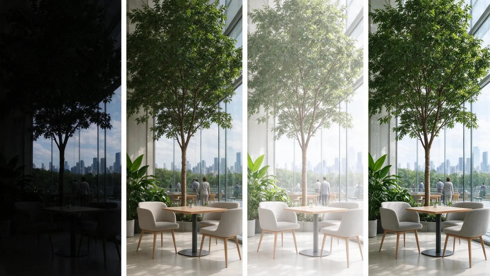 Ảnh minh hoạ Chụp bù trừ (bracketing): ba ảnh -2, 0, +2 EV của cùng cảnh và ảnh HDR ghép từ chúng