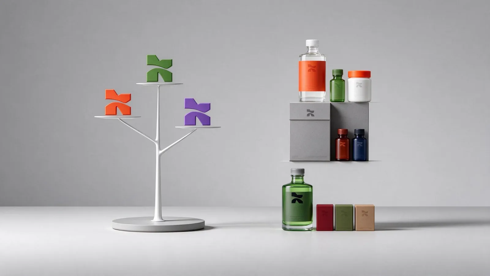 Ảnh minh hoạ Kiến trúc thương hiệu (brand architecture): sơ đồ cây ba mô hình kiến trúc thương hiệu với logo giả định ở từng nhánh