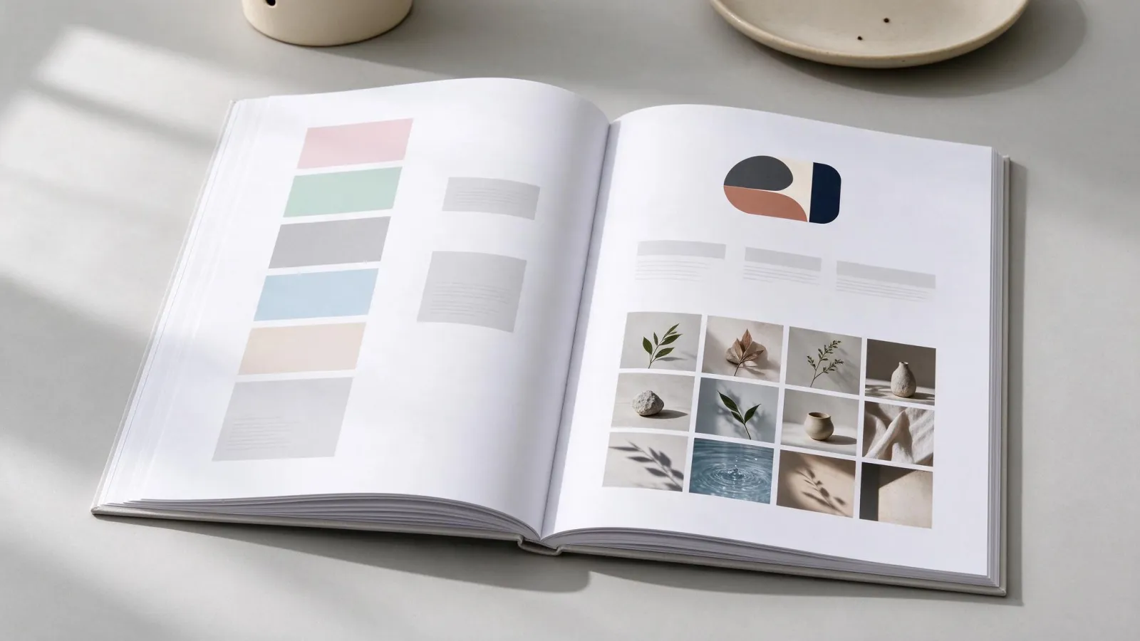 Ảnh minh hoạ Cẩm nang thương hiệu (brand guidelines): cuốn hướng dẫn thương hiệu mở ra với bảng màu và ảnh