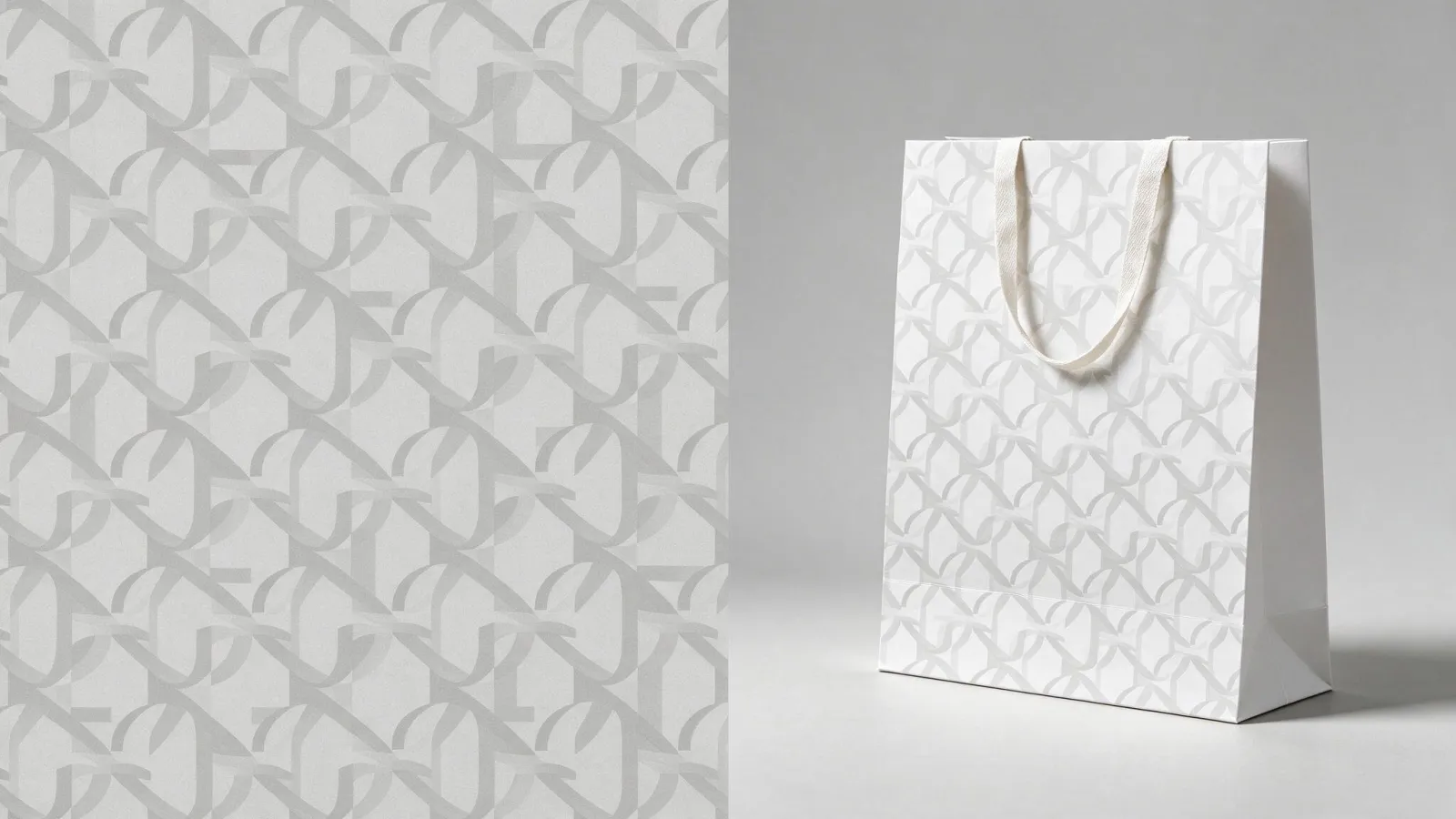 Ảnh minh hoạ Hoạ tiết thương hiệu (brand pattern): ô mẫu hoạ tiết tạo từ một biểu tượng logo giả định, khi lặp ra nền và khi dùng trên túi giấy