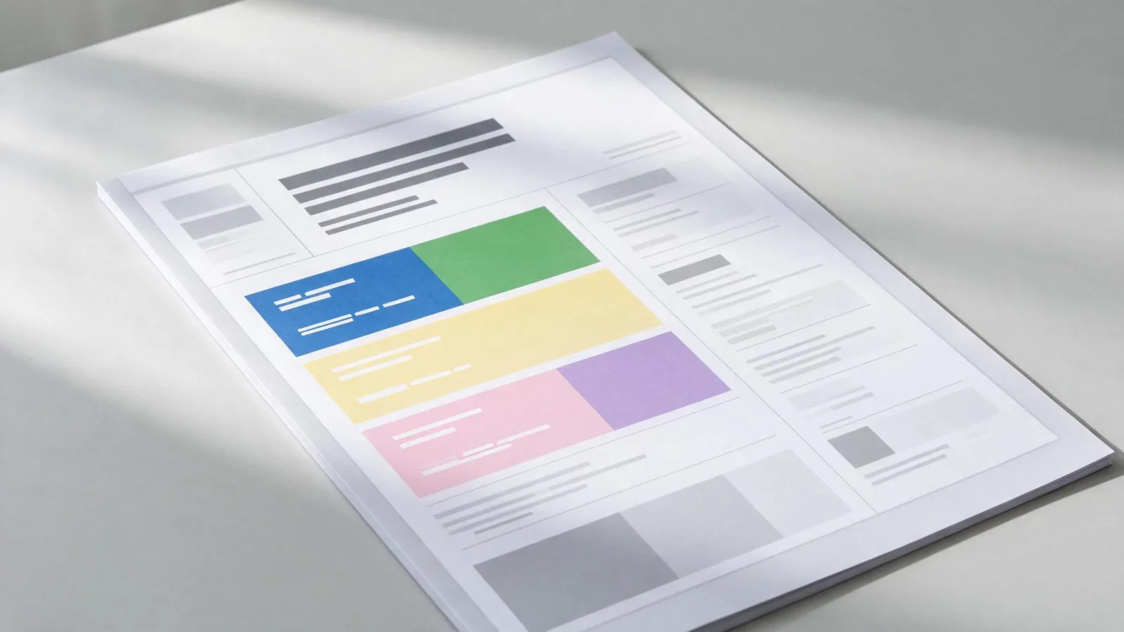 Ảnh minh hoạ Brief (design brief): một mẫu brief một trang được điền ví dụ, các mục được tô màu: mục tiêu, đối tượng, thông điệp, sản phẩm giao, thời hạn