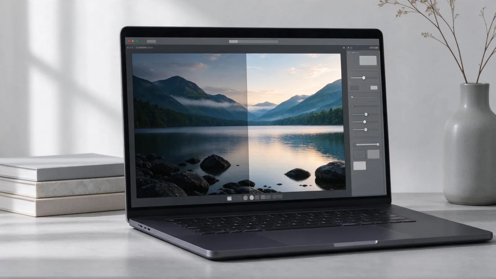 Ảnh minh hoạ Camera Raw Filter: ảnh chụp giao diện Camera Raw Filter với các mục bên phải và một ảnh trước và sau chỉnh