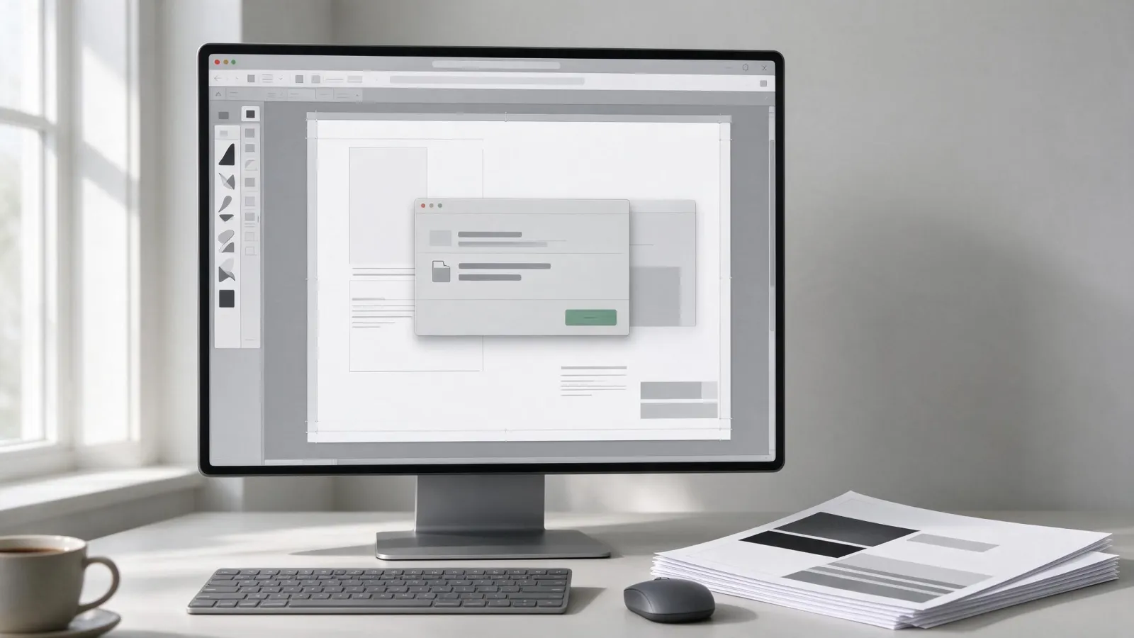 Ảnh minh hoạ Xuất file in từ Canva: mô phỏng thiết kế trong Canva với đường lề tràn hiện ra và hộp thoại tải xuống PDF Print