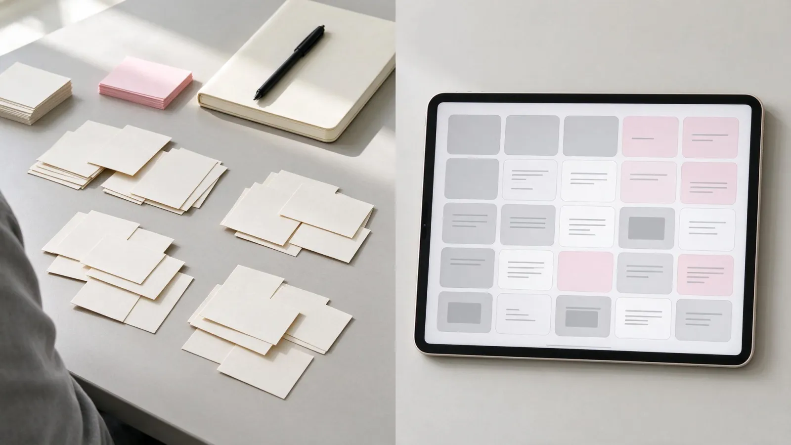 Ảnh minh hoạ Phân loại thẻ (card sorting): ảnh minh hoạ các thẻ giấy được xếp thành nhóm trên bàn, và kết quả dạng ma trận nhóm