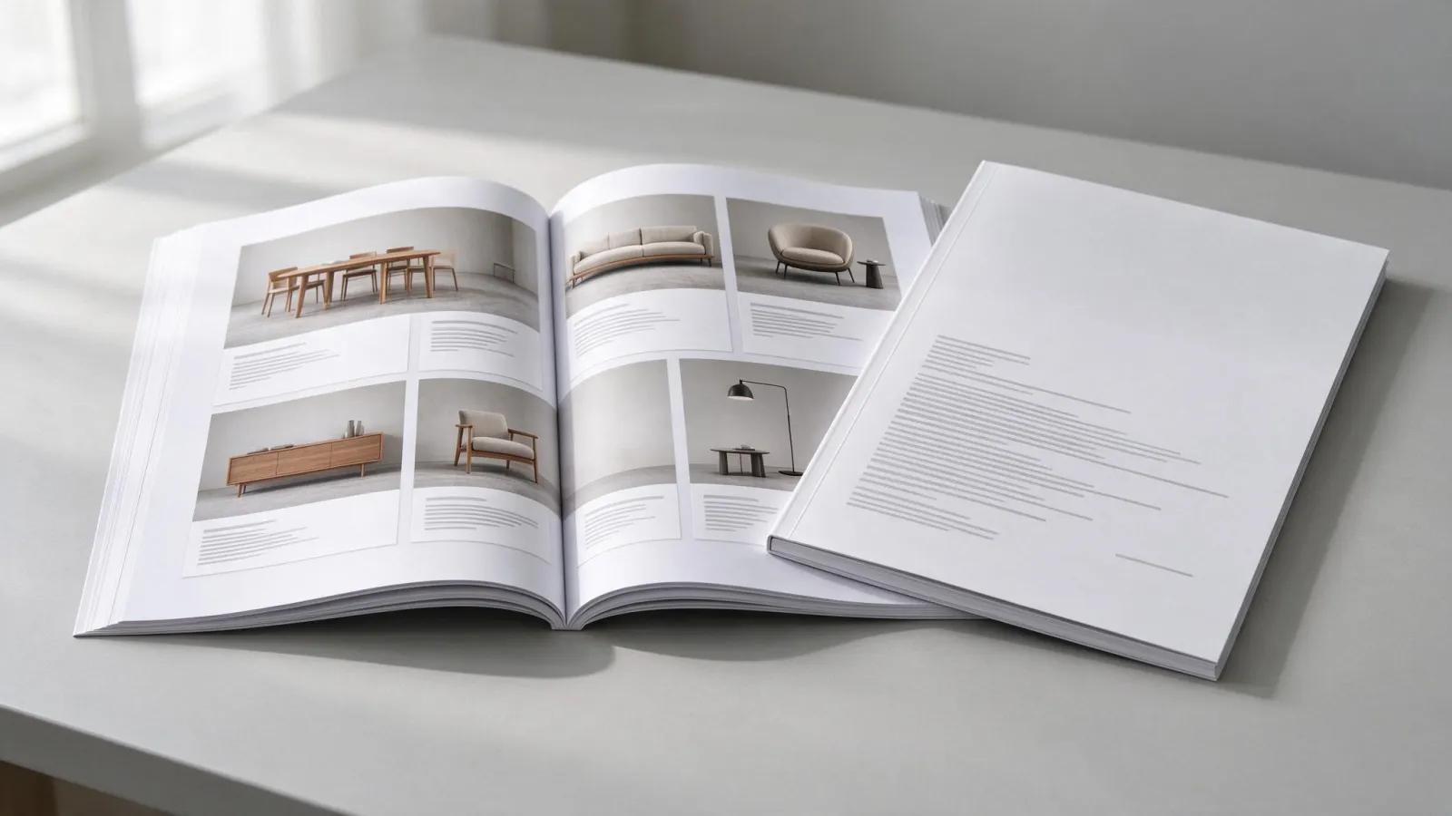 Ảnh minh hoạ Catalogue: catalogue mở ra với lưới sản phẩm, bên cạnh là bìa
