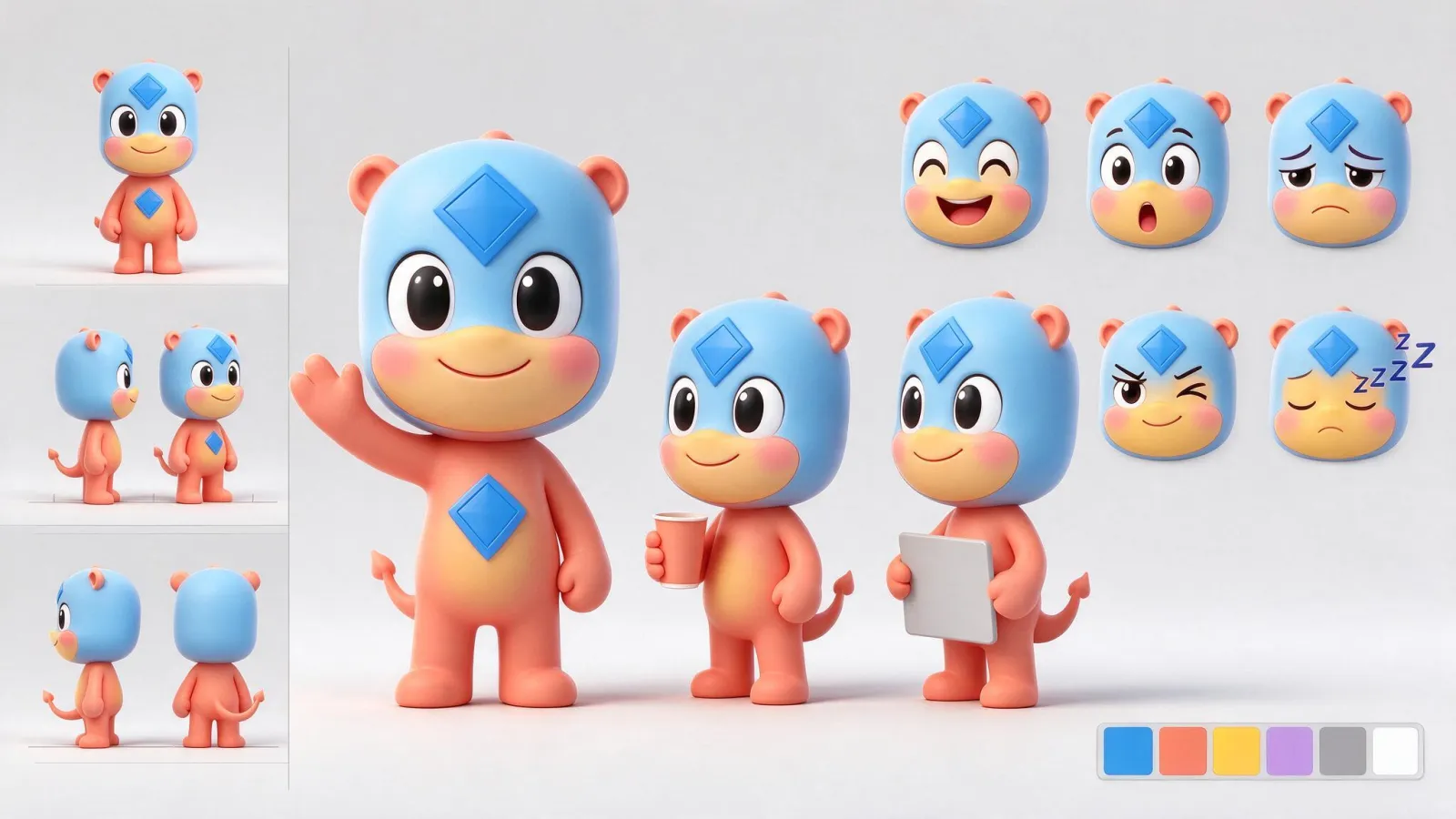 Ảnh minh hoạ Bảng nhân vật (character sheet): một character sheet mascot giả định: 4 góc xoay, 6 biểu cảm, bảng màu có mã