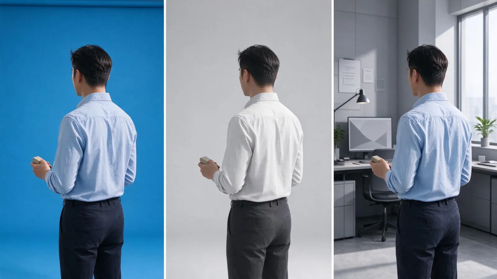 Ảnh minh hoạ Xoá phông xanh (chroma key) trong CapCut: ba khung hình: quay trước phông xanh, sau khi chroma key, sau khi ghép nền mới