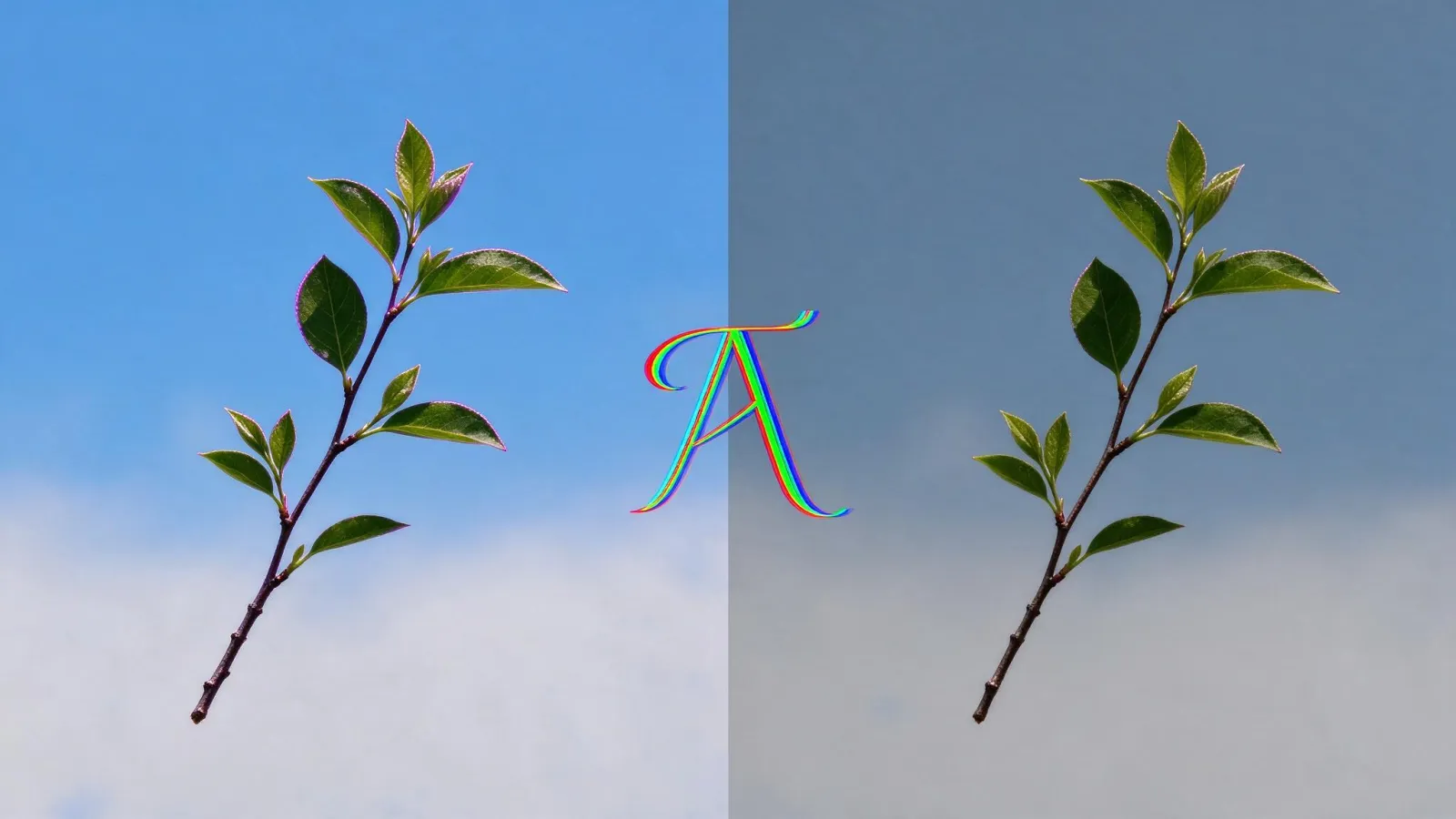 Ảnh minh hoạ Quang sai màu (chromatic aberration): phóng to cạnh cành cây trên nền trời trước và sau khi sửa viền tím