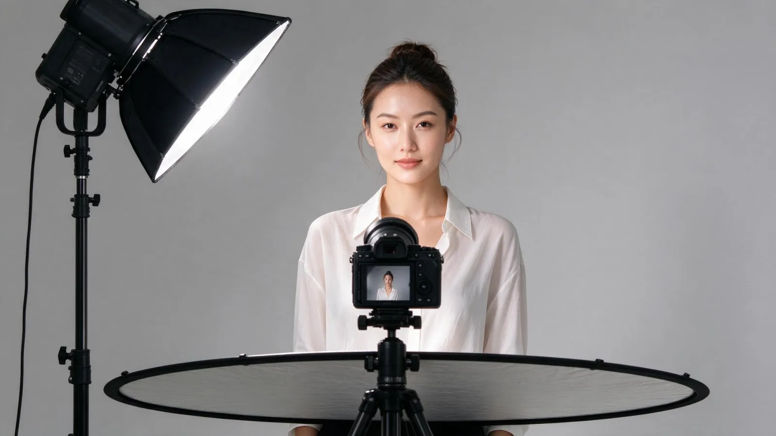 Ảnh minh hoạ Clamshell lighting (ánh sáng vỏ sò): sơ đồ nhìn ngang: đèn trên chếch xuống, tấm hắt dưới chiếu lên, máy ảnh ở giữa, kèm ảnh beauty da sáng đều