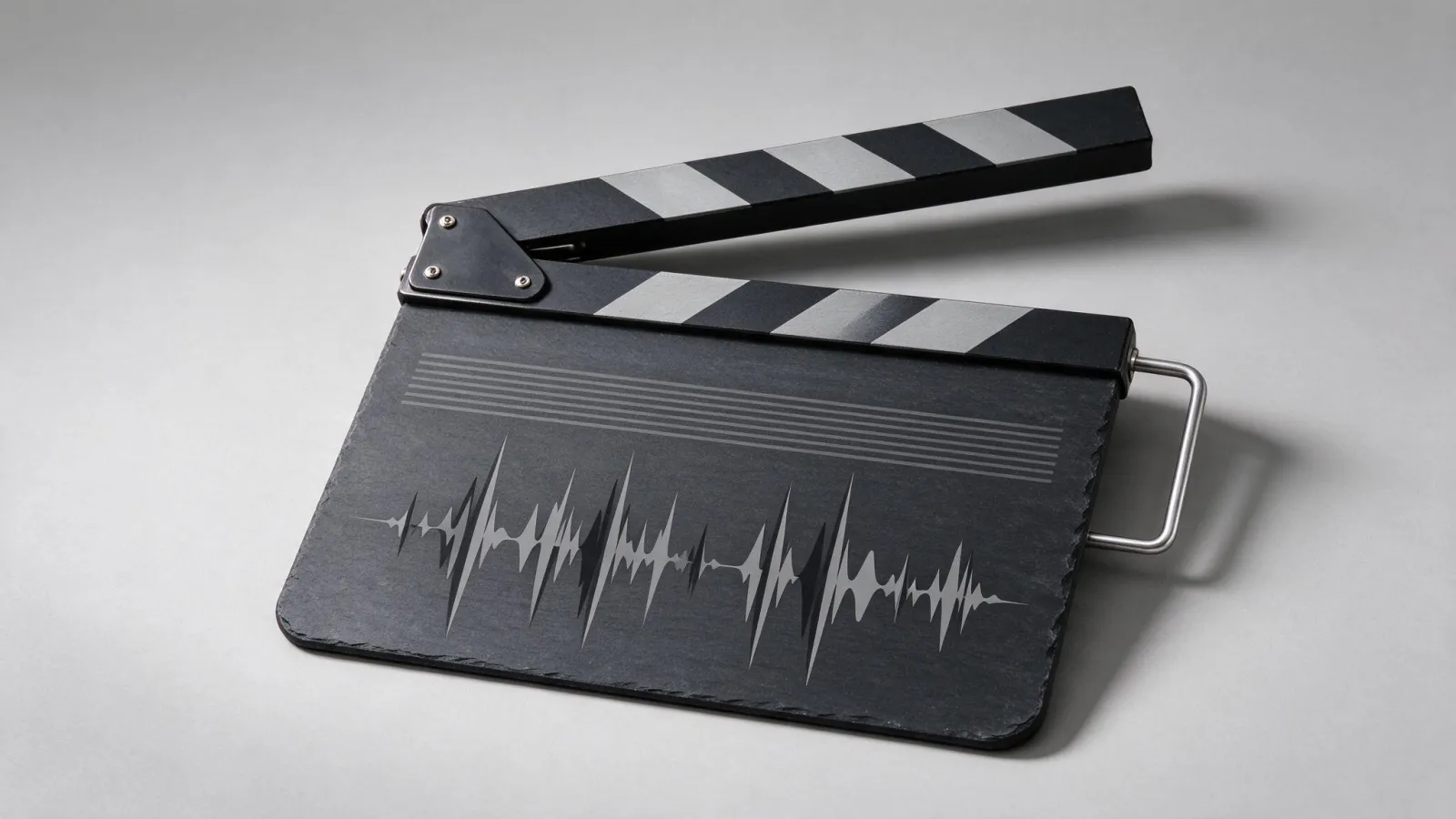 Ảnh minh hoạ Bảng clapper (clapperboard, slate): ảnh bảng clapper ghi tên dự án, cảnh, take, cạnh đồ hoạ khớp khung hình thanh đập với đỉnh sóng âm