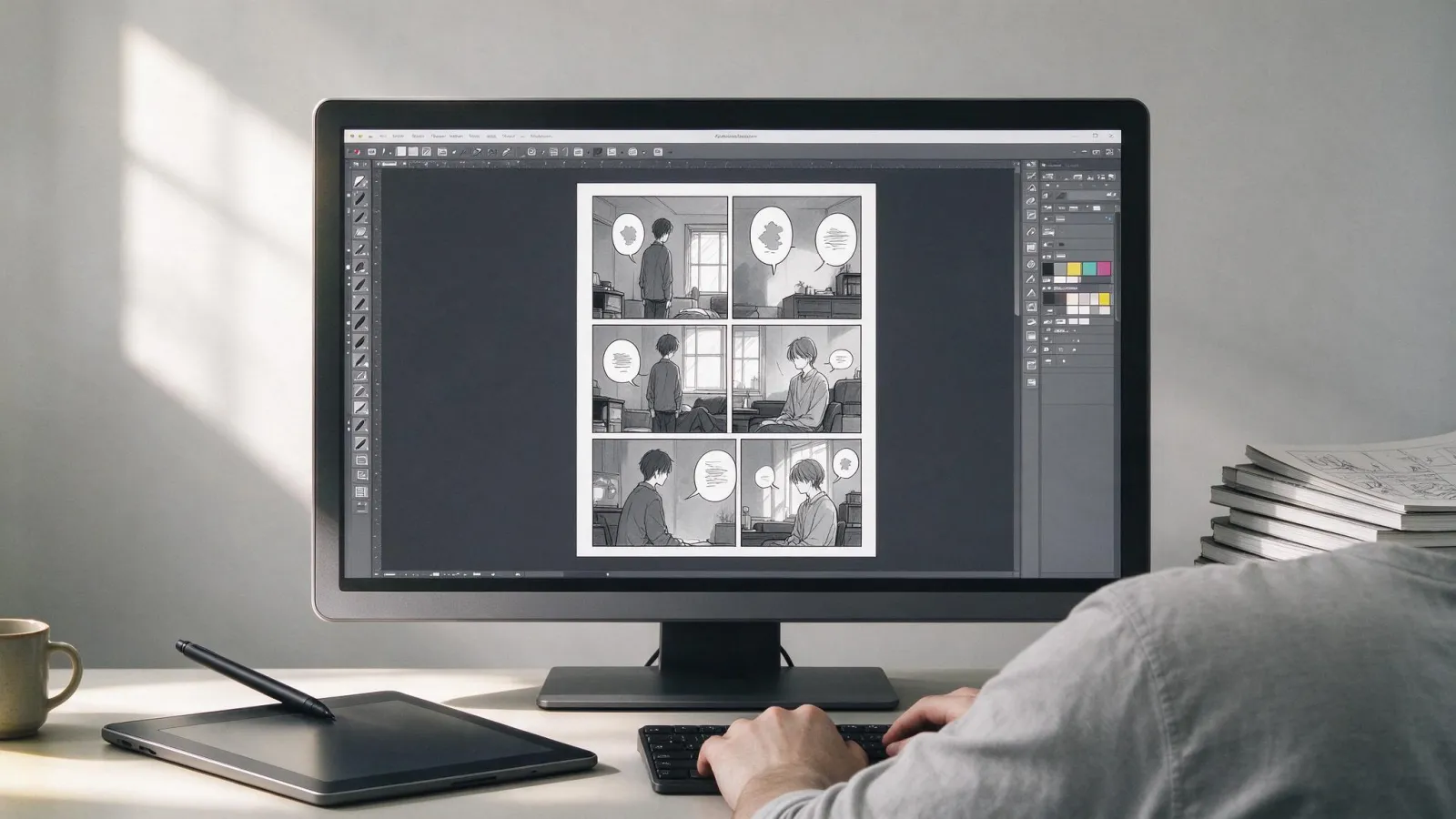 Ảnh minh hoạ Clip Studio Paint: ảnh chụp màn hình Clip Studio Paint (từ trang chính thức) với một trang truyện có khung và bóng thoại