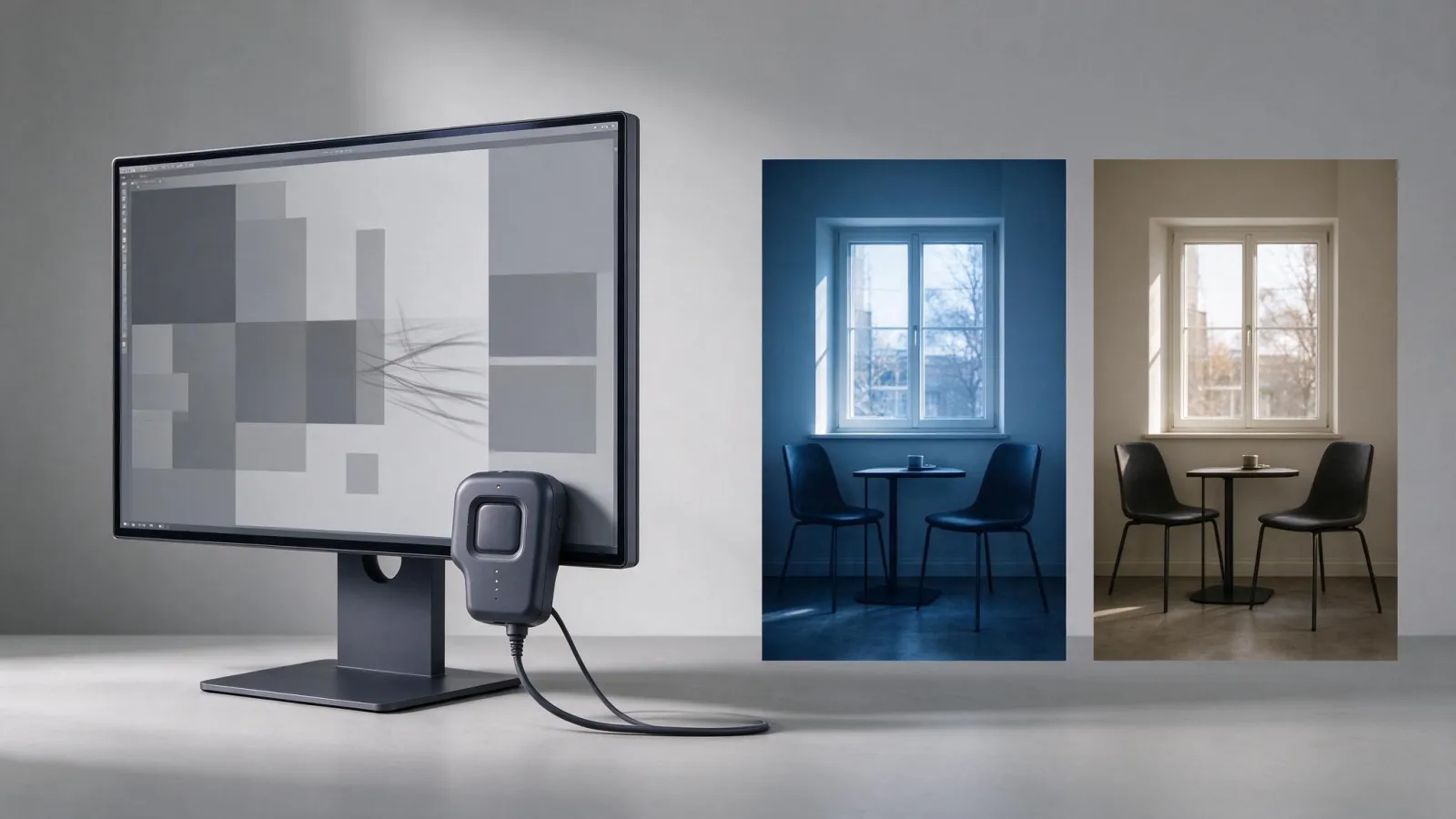 Ảnh minh hoạ Hiệu chỉnh màu màn hình (color calibration): thiết bị đo màu đặt trên màn hình, kèm ảnh so sánh trước và sau khi hiệu chỉnh (ngả xanh và đúng)