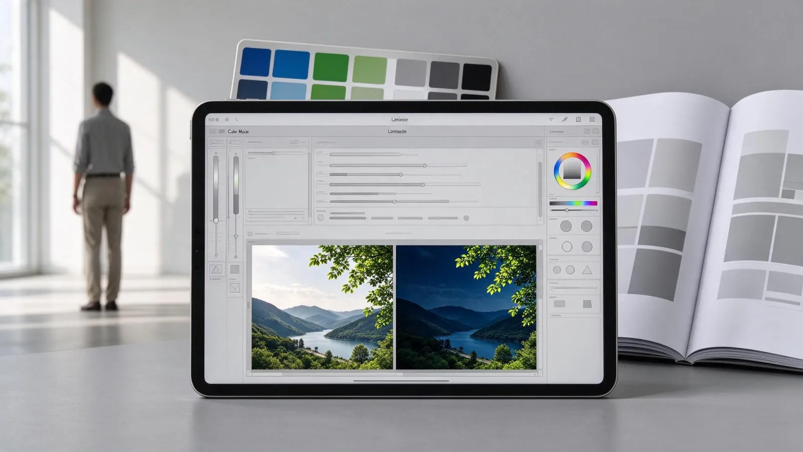 Ảnh minh hoạ Bảng HSL / Color Mixer (Lightroom): ảnh chụp màn hình panel Color Mixer ở tab Luminance, cạnh ảnh phong cảnh trước và sau khi làm trời đậm và lá cây sáng