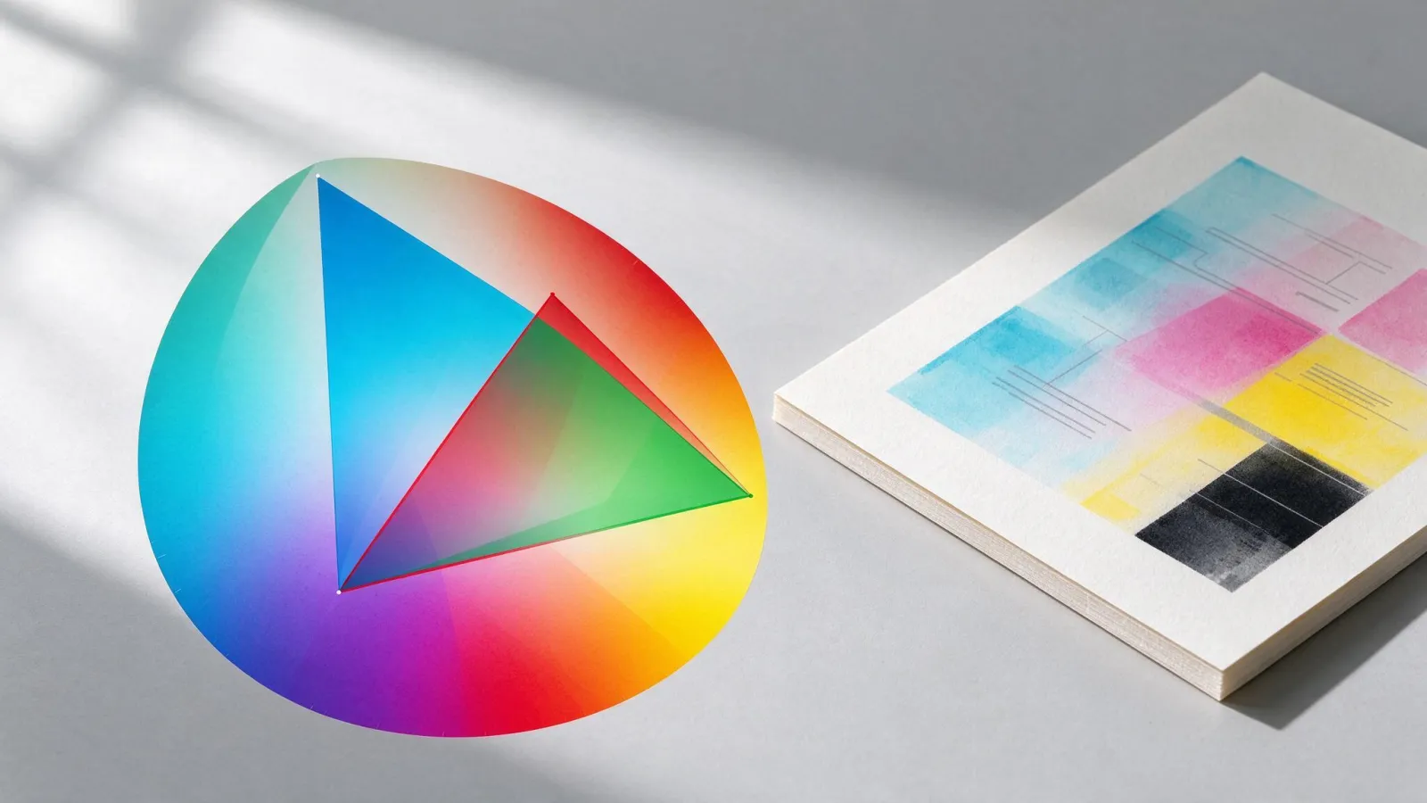 Ảnh minh hoạ Không gian màu (color space): biểu đồ màu CIE với các tam giác sRGB, Display P3, Adobe RGB chồng lên nhau và vùng CMYK in