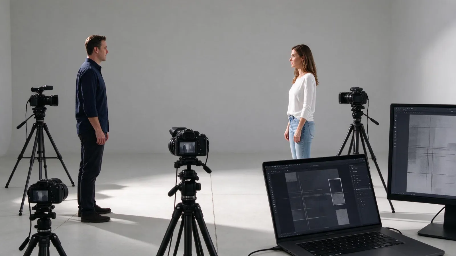 Ảnh minh hoạ Dựng liên tục (continuity editing): sơ đồ hai nhân vật với đường trục 180 độ, các vị trí máy hợp lệ và một ví dụ khung hình khớp hướng nhìn
