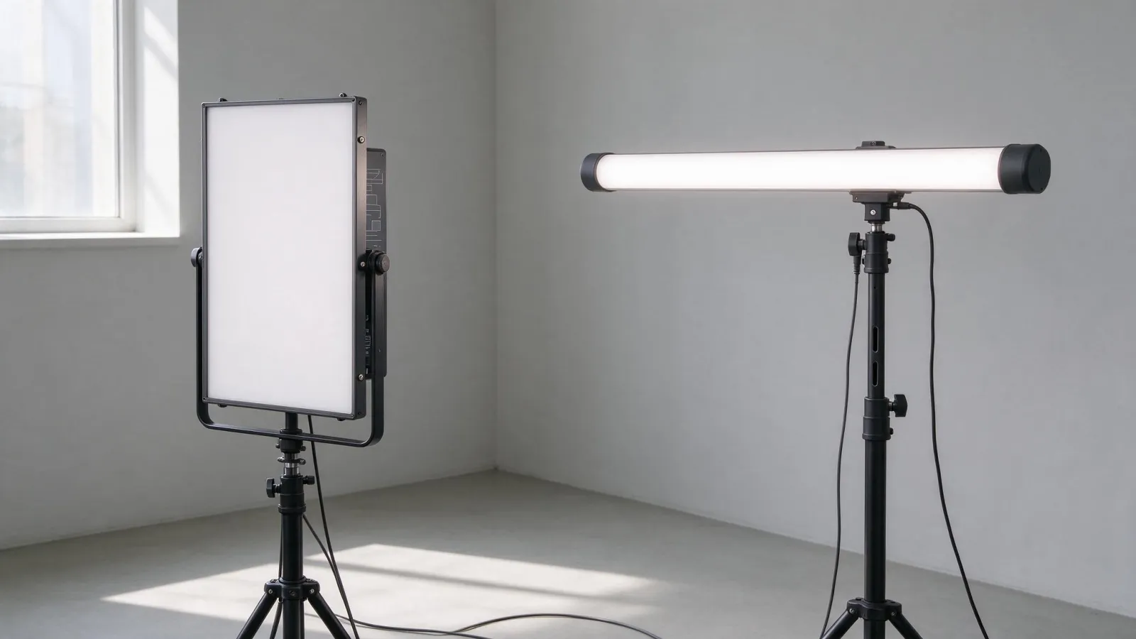 Ảnh minh hoạ Đèn liên tục (continuous light, đèn LED): một bộ đèn LED panel và đèn LED dạng thanh, chụp trong một góc quay video sản phẩm