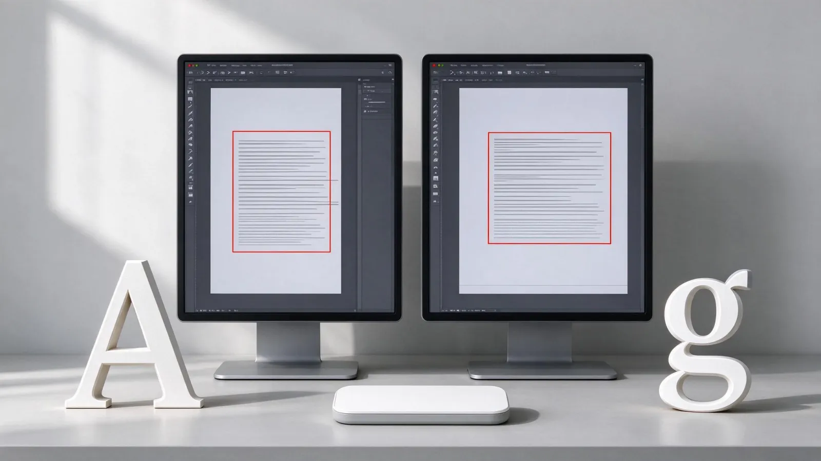 Ảnh minh hoạ Ước lượng và vừa chữ (copyfitting): ảnh chụp khung chữ InDesign có dấu overset đỏ, và cùng khung sau khi copyfitting với tracking -5 và cắt bớt một câu