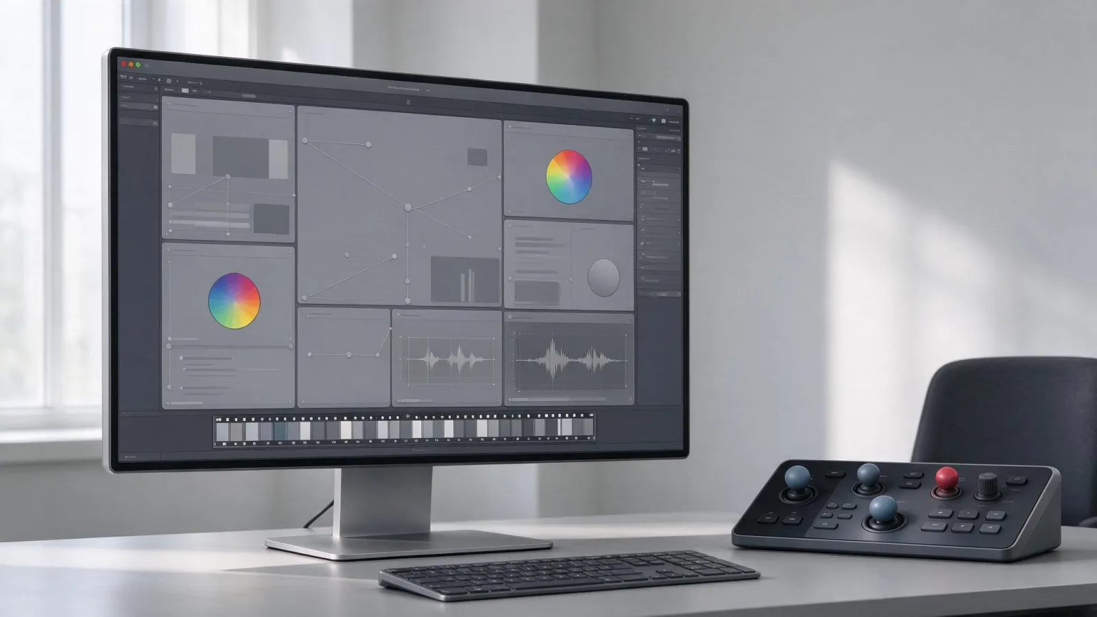 Ảnh minh hoạ DaVinci Resolve: ảnh chụp màn hình trang Color của DaVinci Resolve với sơ đồ node, bánh xe màu và scopes, kèm thanh chuyển trang ở dưới