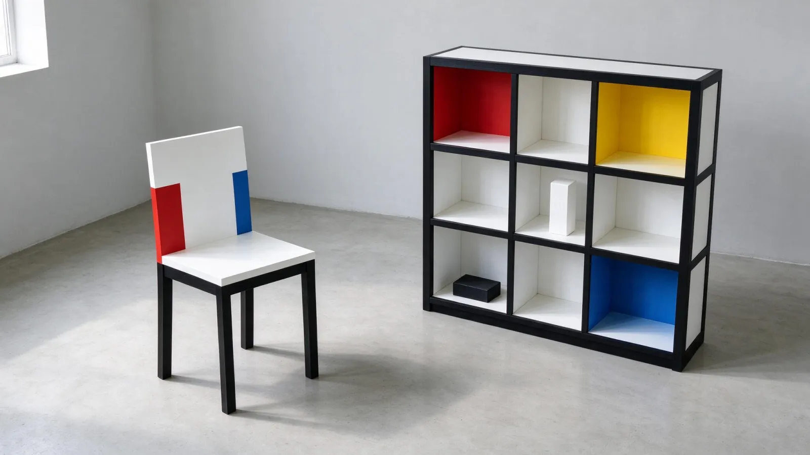 Ảnh minh hoạ De Stijl (Tân tạo hình): một bố cục tự thiết kế theo tinh thần De Stijl với lưới đen và các ô đỏ, vàng, xanh