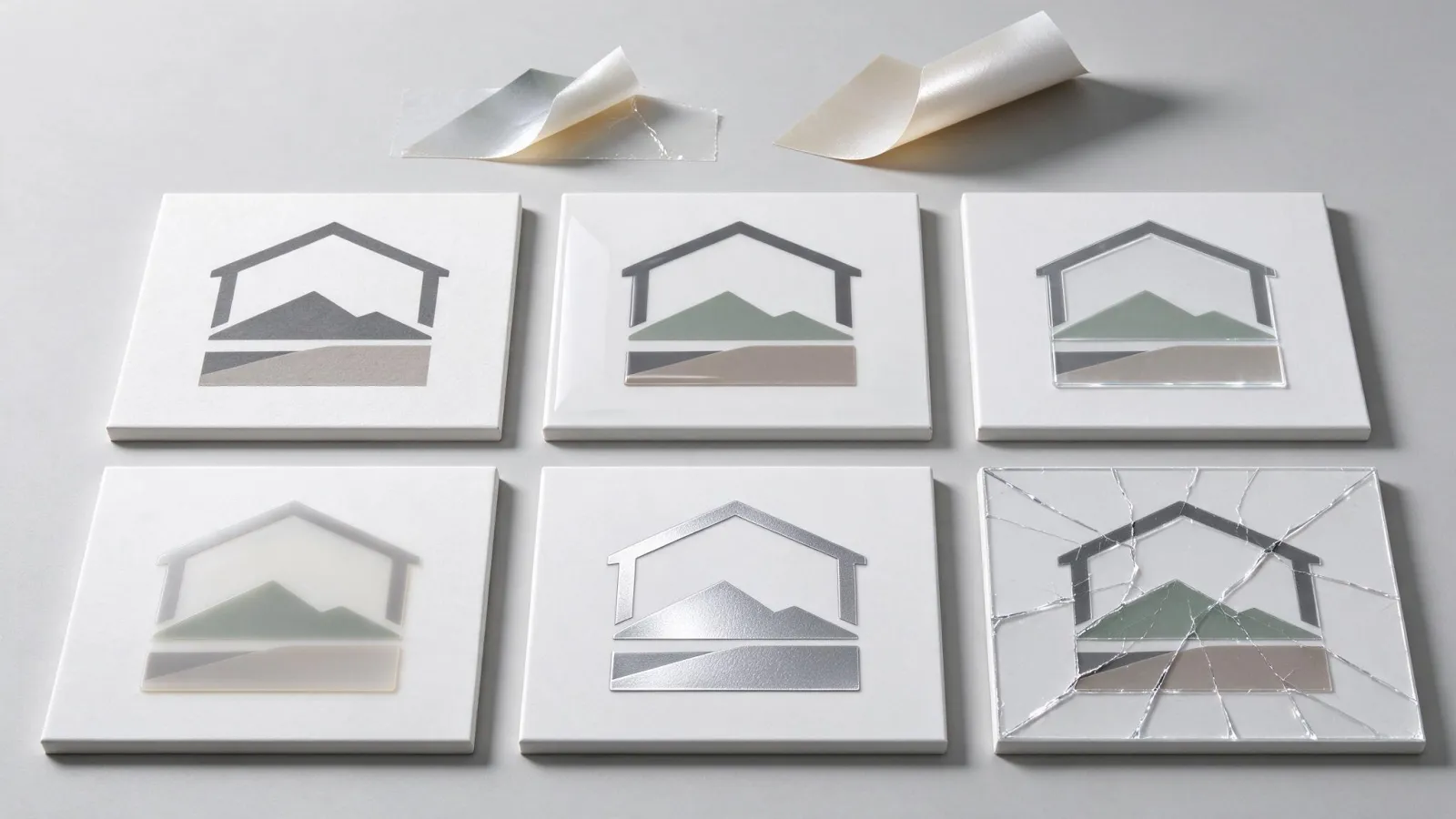 Ảnh minh hoạ Decal: bảng các loại decal (giấy, nhựa, trong, sữa, bạc, vỡ) với ảnh mẫu, kèm hình minh hoạ lớp keo và lớp đế