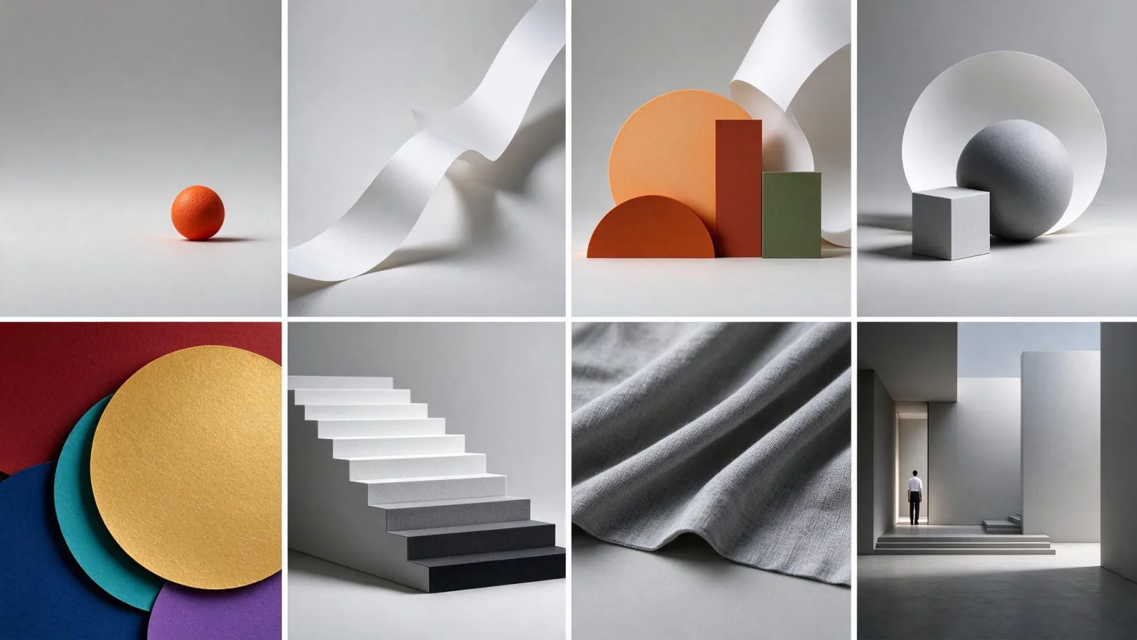 Ảnh minh hoạ Yếu tố thiết kế (elements of design): bảng tám ô minh hoạ từng yếu tố: điểm, đường, hình, khối, màu, sắc độ, texture, không gian, mỗi ô là một bố cục trừu tượng đơn giản