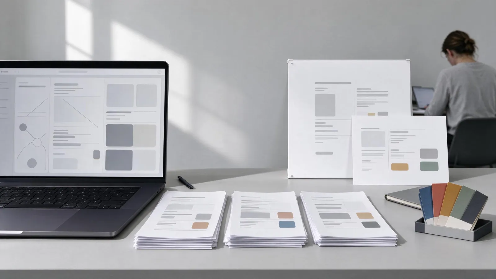 Ảnh minh hoạ Bàn giao thiết kế (design handoff): màn hình thiết kế với các, màu, trạng thái, và bảng thông số dành cho lập trình viên