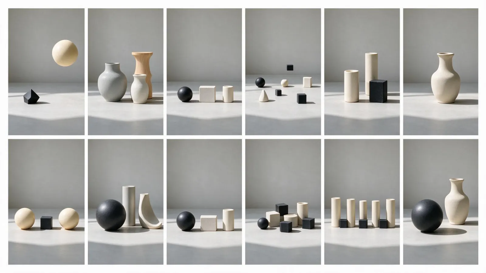 Ảnh minh hoạ Nguyên tắc thiết kế (design principles): lưới minh hoạ các nguyên tắc chính, mỗi ô một cặp bố cục 'chưa áp dụng / đã áp dụng' cho cân bằng, tương phản, căn chỉnh, gần nhau, lặp lại, nhấn mạnh