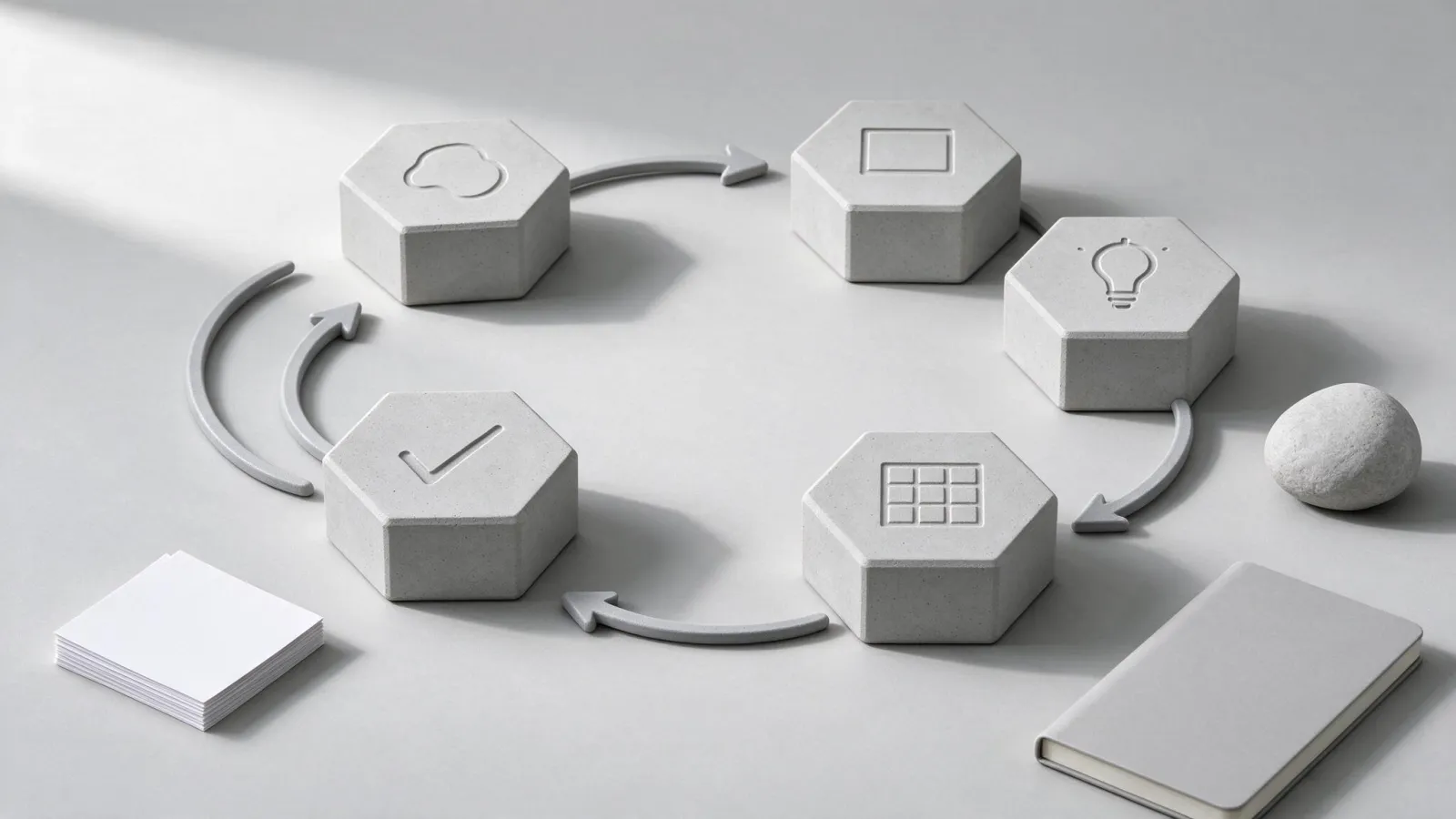 Ảnh minh hoạ Tư duy thiết kế (design thinking): năm hình lục giác nối nhau (thấu cảm, xác định, ý tưởng, mẫu thử, kiểm thử) với mũi tên quay vòng