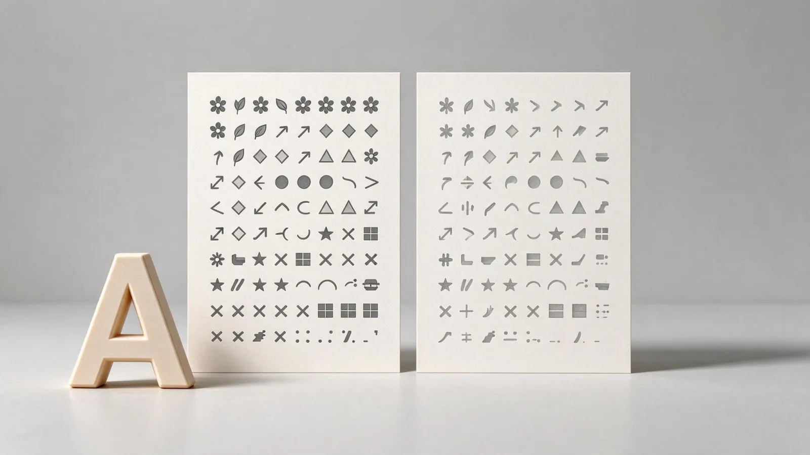 Ảnh minh hoạ Dingbat (font ký hiệu): bảng ký tự của một font dingbat với các biểu tượng, cạnh đó là cùng chuỗi ký tự hiển thị bằng font thường thành chữ cái vô nghĩa