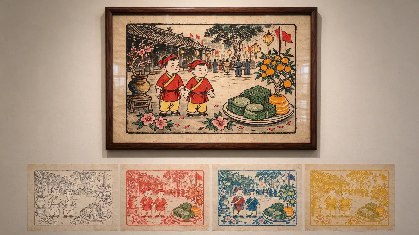 Ảnh minh hoạ Tranh Đông Hồ: một minh hoạ Tết tự thiết kế lấy cảm hứng tranh Đông Hồ, kèm bảng màu tự nhiên và các bản khắc tách màu