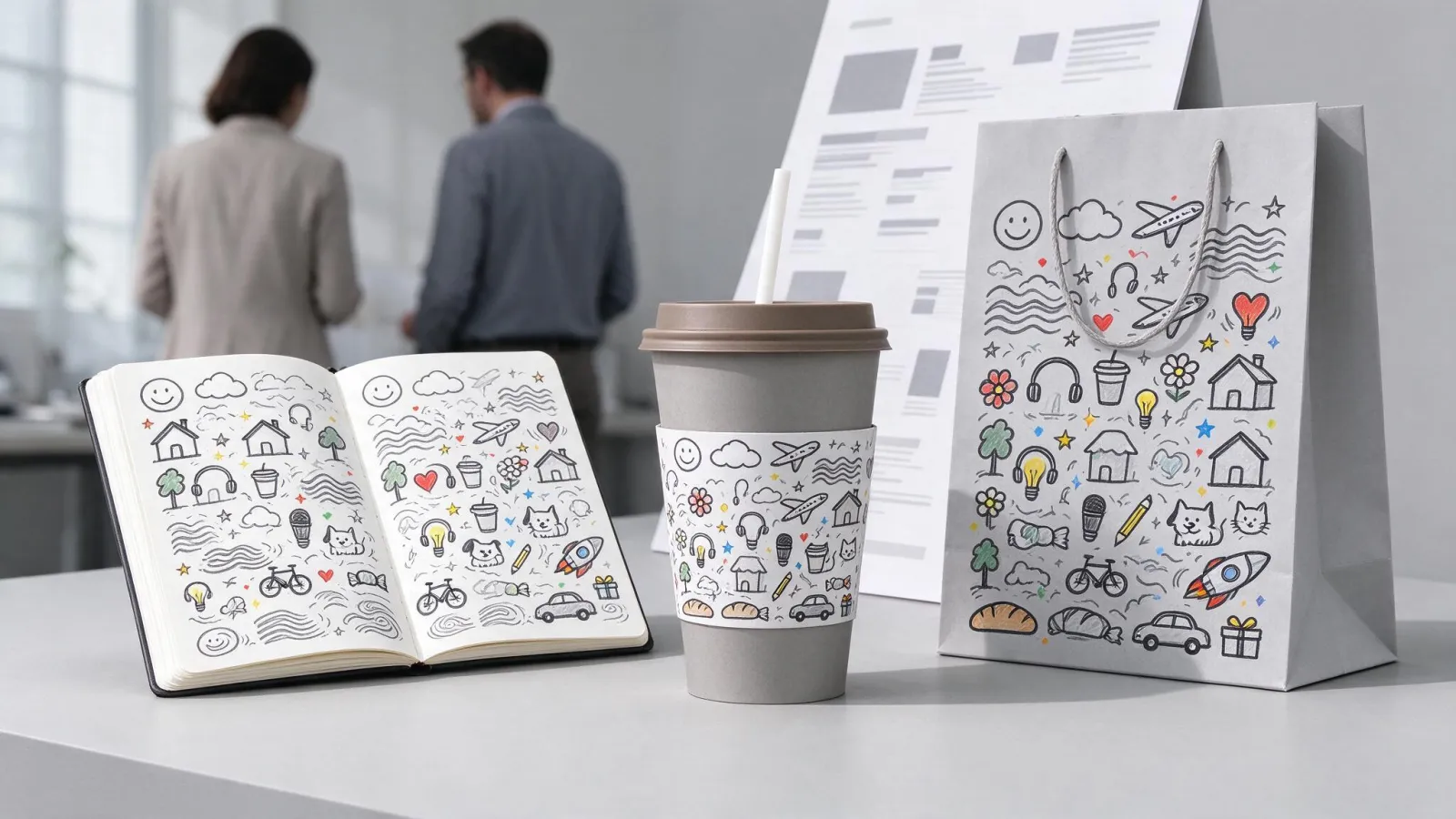 Ảnh minh hoạ Doodle: một tấm hoạ tiết doodle vẽ tay lấp đầy khung, và ví dụ doodle dùng trên bao bì hoặc bài đăng